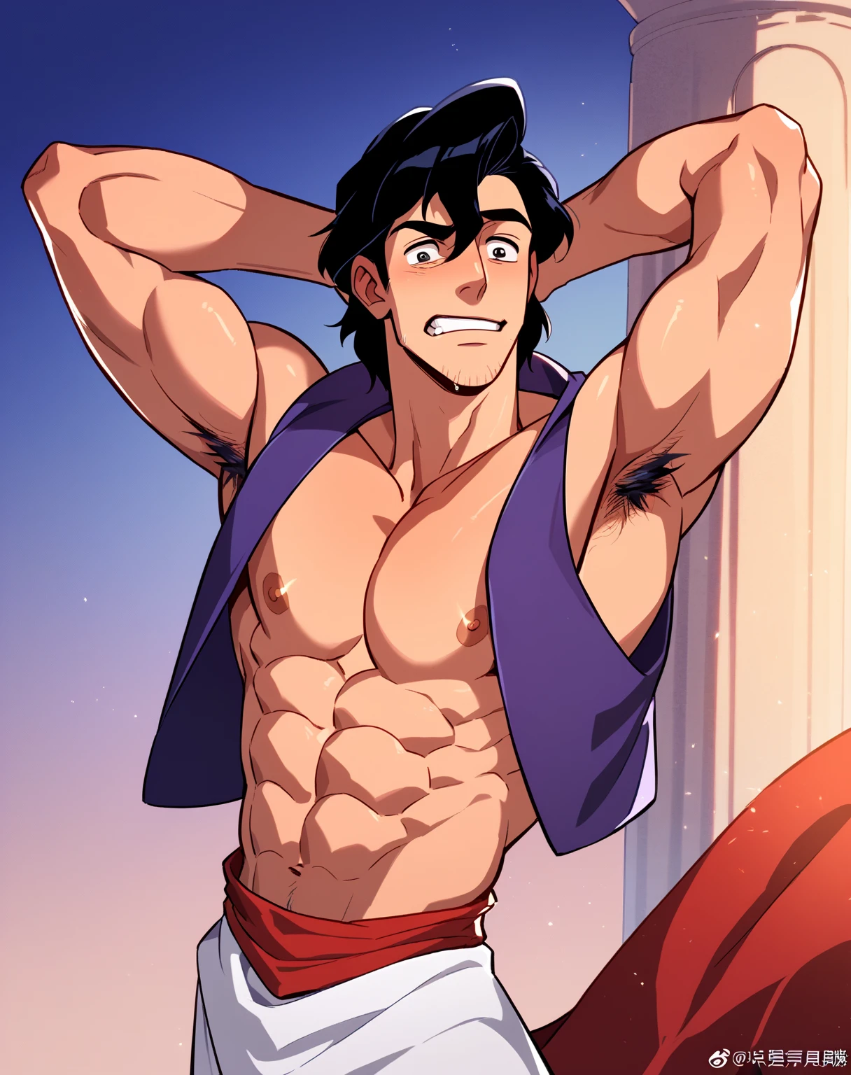 score_9, score_8_up, score_7_up, score_6_up, aladdin, violet vest, muscular, large pectorals, stubble, solo, looking at viewer, black hair, 1boy, male focus, black eyes, desperate face, hands behind head, armpit hair, red fez, best quality, best aesthetic, sfw, year 2023, high details<lora:EMS-461843-EMS:0.800000>