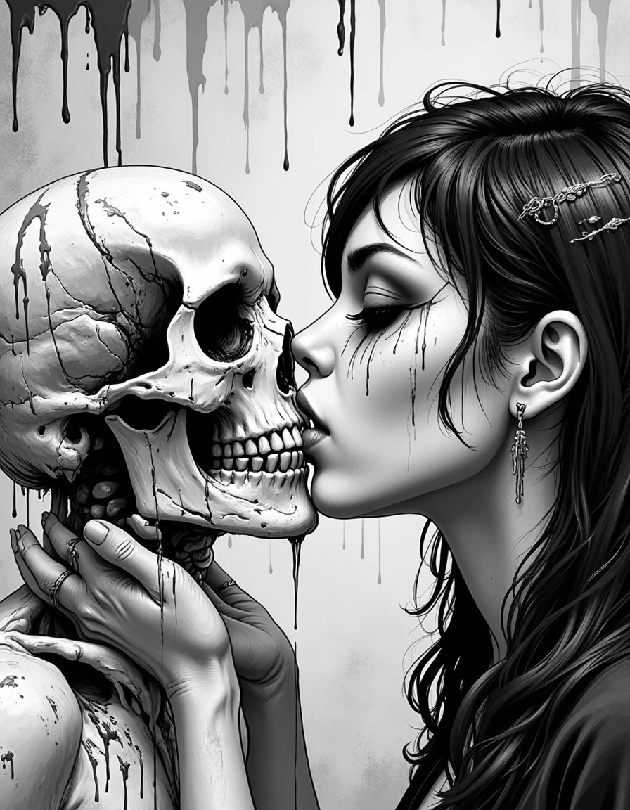 image of a woman kissing a skull with dripping paint,love betwen living and death,hauntingly beautiful art,anime skull portrait woman,a beautiful artwork illustration,black and white artwork,the kiss,gothic art,highly detailed dark art