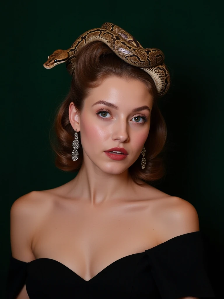 A portrait of a young woman with a python coiled around her head like a crown. She wears a black off-the-shoulder dress and silver earrings. Her hair is styled in vintage curls. The background is a dark green canvas. The lighting is soft and diffused, with high contrast. No film grain. Saturation is natural, with a focus on realism.