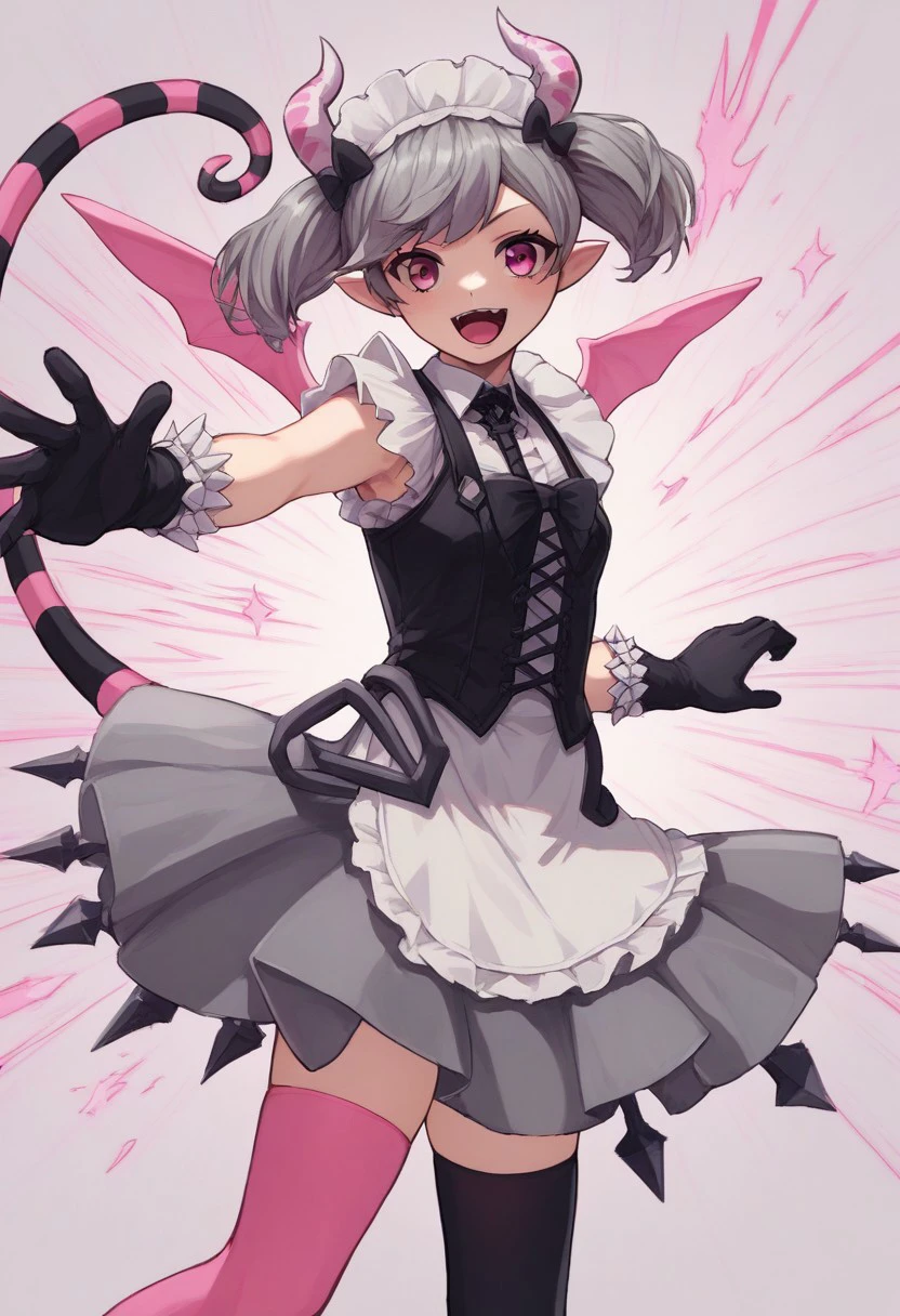 score_9,2d,source_anime,masterpiece, ygoariane, 1girl, pink eyes, pink wings, pink tail, pink horns, black/pink thighhighs, twintails, gloves, maid, dynamic pose, dutch angle