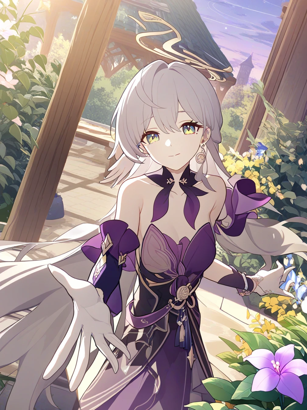 1girl,solo,robin \(honkai: star rail\),halo,mechanical halo,very long hair,earrings,jewelry,green eyes,head wings,detached sleeves,white gloves,
light smile,looking at viewer,head tilt,reaching out,
outdoors,blue sky,landscape,garden,gardening,gazebo,flower,leaf,tree,
front view,upper body,
<lora:robin_1-000028:1>,<lora:blue_archive_official_7:1>,