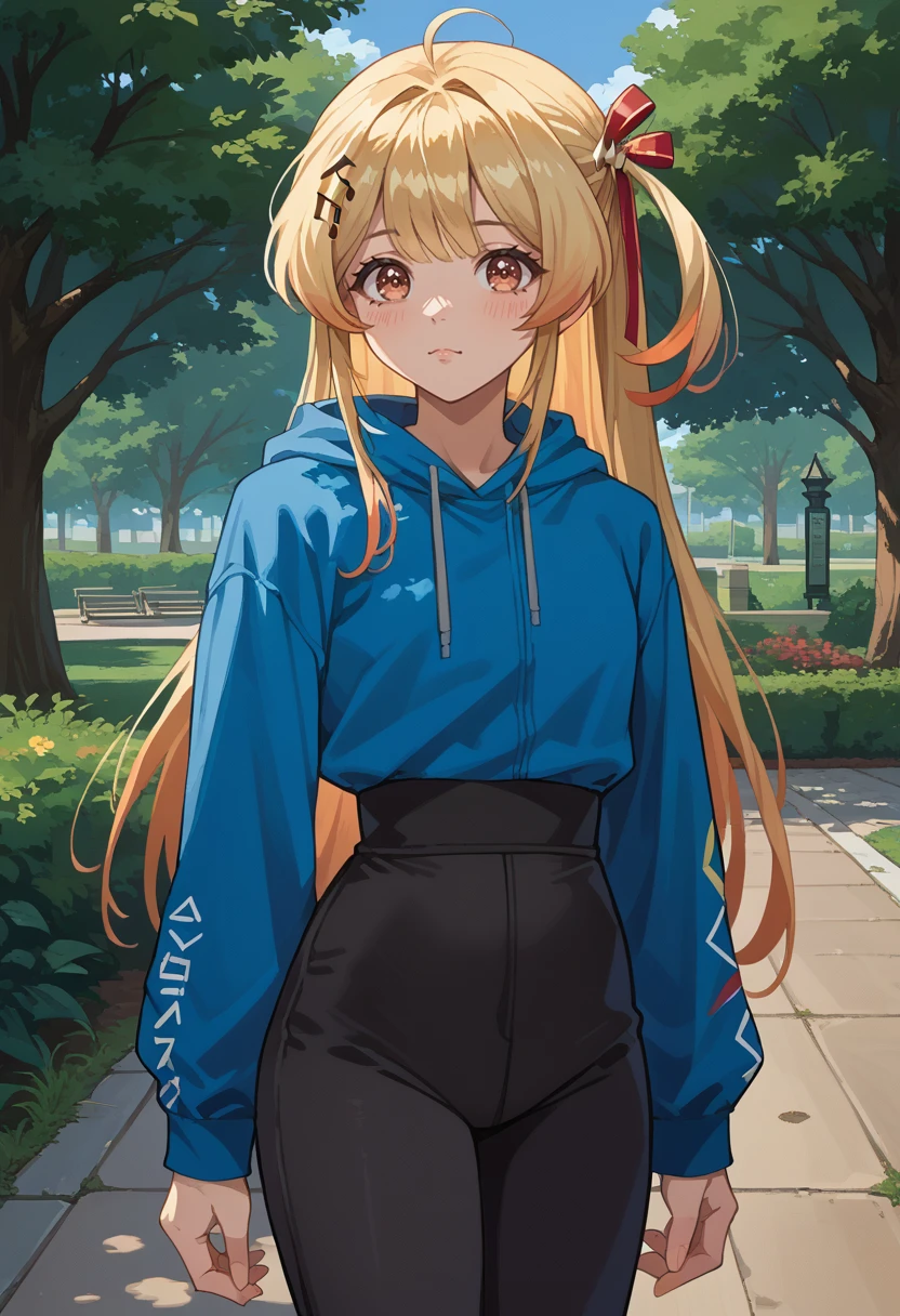 score_9, score_8_up, source_anime, 1girl, solo, OtonoseKanade, long hair, one side up, hair ribbon, musical note hair ornament, outdoors, park, blue hoodie, high-waist pants, yoga pants, black pants, light blush, <lora:ChamOtonoseKanadePonyXL:1>