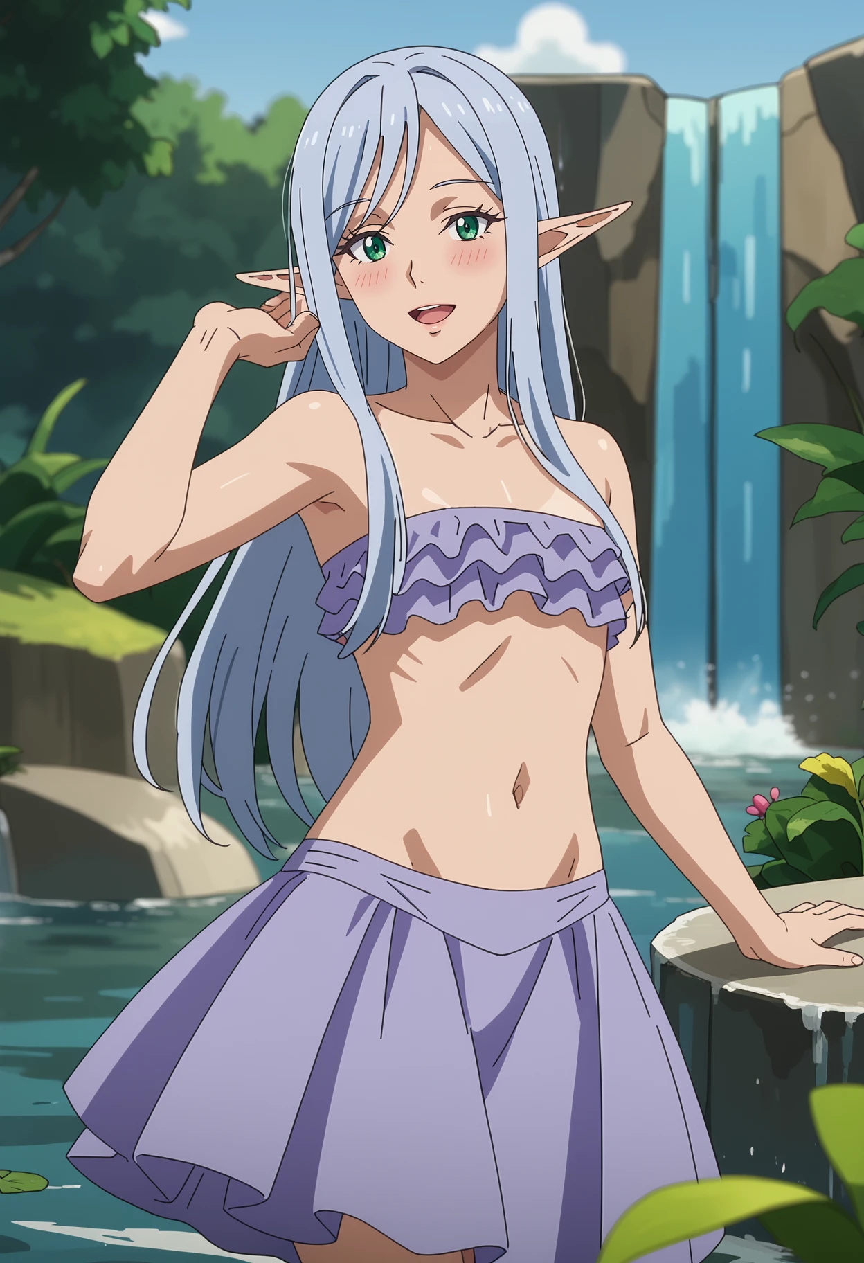 score_7_up, anime screencap,
<lora:TenSura_ElmesiaElRuSarionXL:0.9>, ElmesiaElRuSarion,
1girl, solo, open mouth, light smile, blush,
long hair, blue hair, green eyes, pointy ears,
mature, flat chest, strapless bikini, frilled bikini, light purple bikini, bikini skirt,
standing, looking at viewer,
blurry background, outdoors, waterfall, stone, water