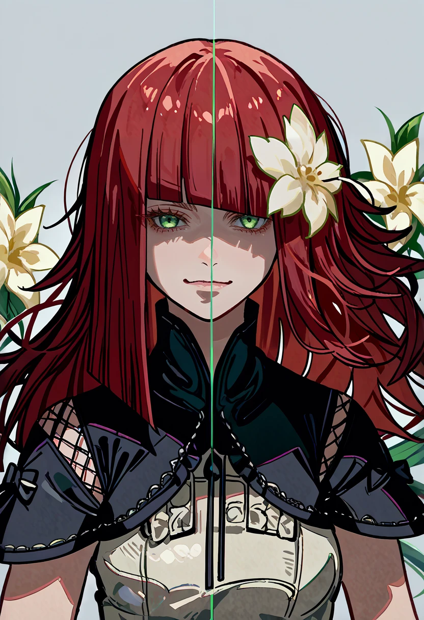 <lora:d&p:1>,score_9,score_8_up,source_anime,<lora:Splitscreen_XLPD>,upper body,split screen,splitscreen,
popola,hime cut,red hair,green eyes,hair flower,white flower,black capelet,fishnet cutout,short sleeves,grey dress,looking at viewer,smile,
devola,messy hair,red hair,green eyes,hair flower,white flower,black capelet,fishnet cutout,short sleeves,grey dress,looking at viewer,frown,