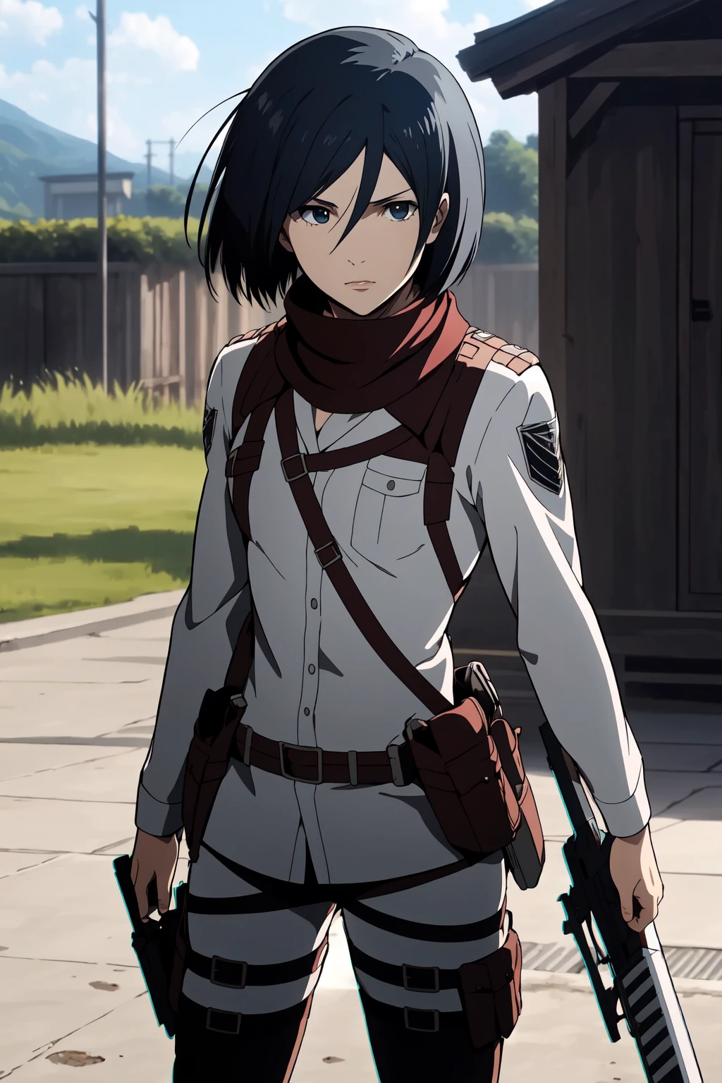 (RAW photo, best quality), 1girl,  natural lighting, outdoor,
 <lora:aot_mikasa_young_v1_2:0.9> aot_mikasa, paradis military uniform, red scarf, weapon,