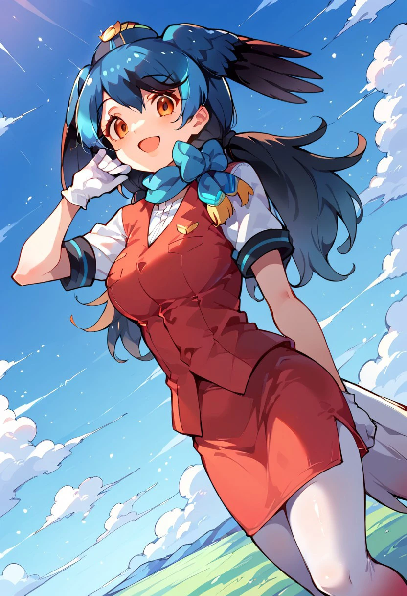 1girl, ((solo)), best quality, ultra-detailed, extremely detailed, perfect anatomy, masterpiece, score_9, score_8_up, score_7_up, Expressiveh, passenger pigeon (kemono friends), multicolored hair, blue hair, black hair, head wings, bird tail, bangs, orange eyes, long hair, twintails, red vest, white shirt, short sleeves, white gloves, red skirt, gradient skirt, hat, garrison cap, gradient legwear, pantyhose, scarf, pencil skirt, blue bowtie, black heels, standing, smiling, happy, staring at viewer, blue skies background, clouds, open mouth smile, dutch angle, closeup,