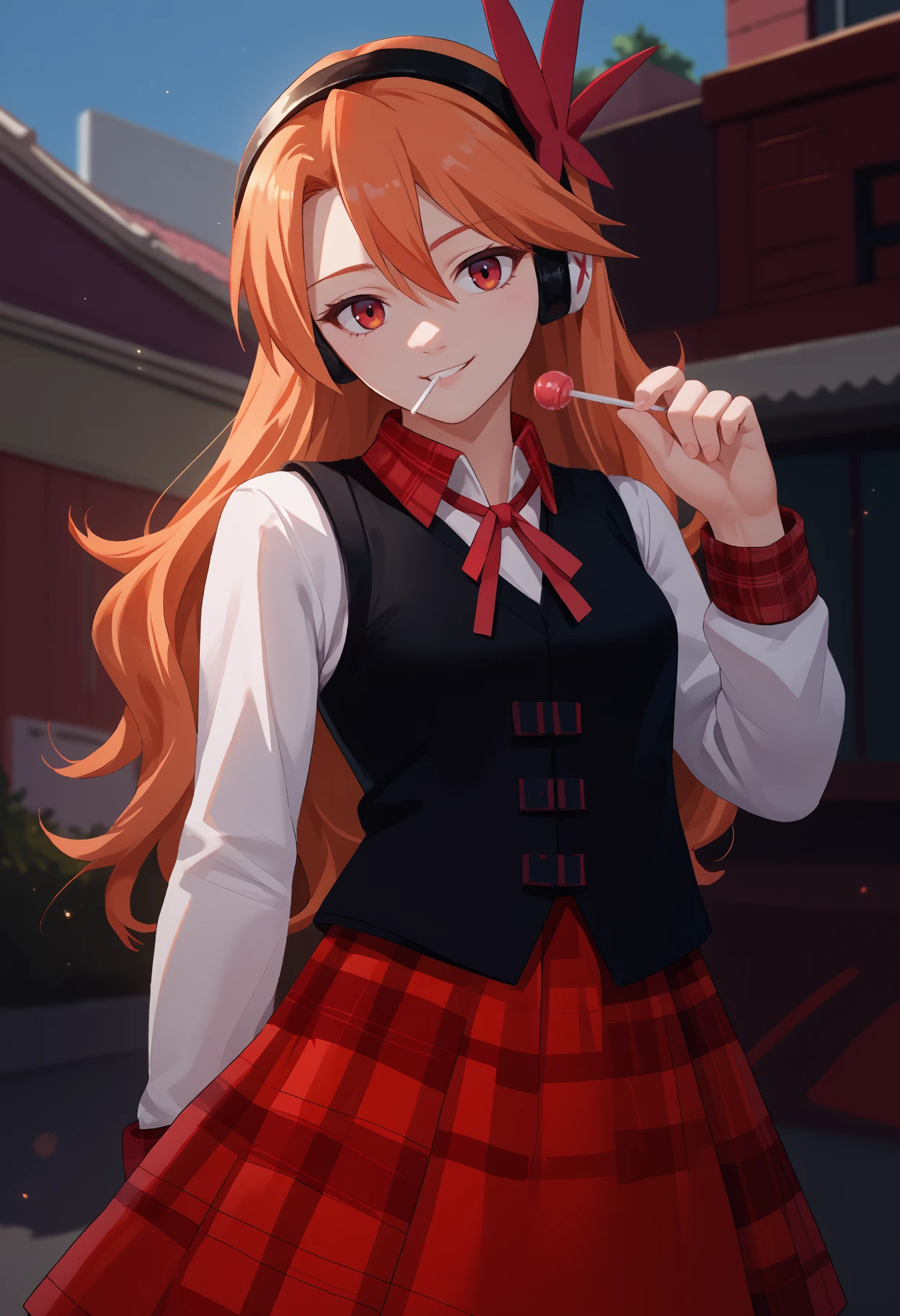 score_9, score_8_up, score_7_up, source_anime, solo, 1girl, agkchelsea, smile, looking at you, standing, lollipop, orange hair, hair ornament, headphones, black vest, white shirt, neck ribbon, red ribbon, long sleeves, red skirt, plaid skirt, outdoors
<segment:yolo-face_yolov8m.pt,0.4,0.5//cid=1>