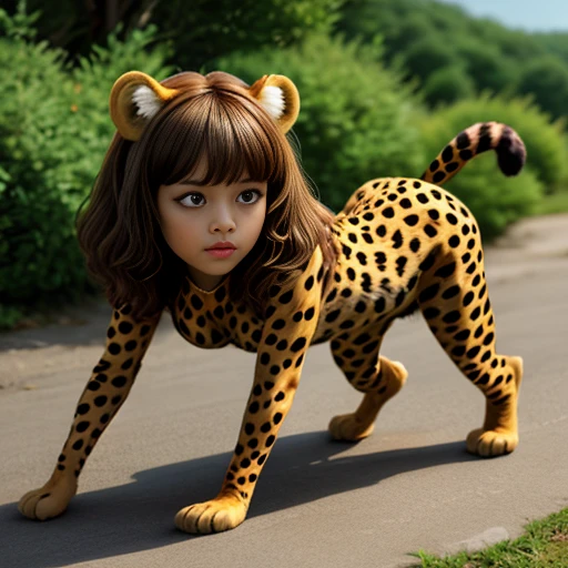 cheetah woman, all fours, puffy paws, animal ears, tail, bangs