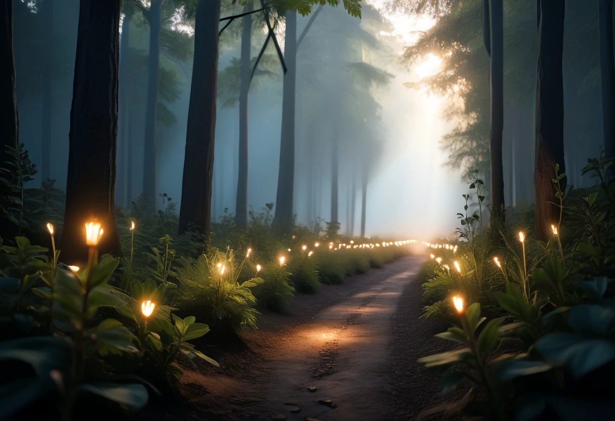 flux-scenery-pny enchanted forest, glowing lights, woodland path, mist, green foliage, serene setting, magical ambiance, photograph, realistic, soft lighting, nature