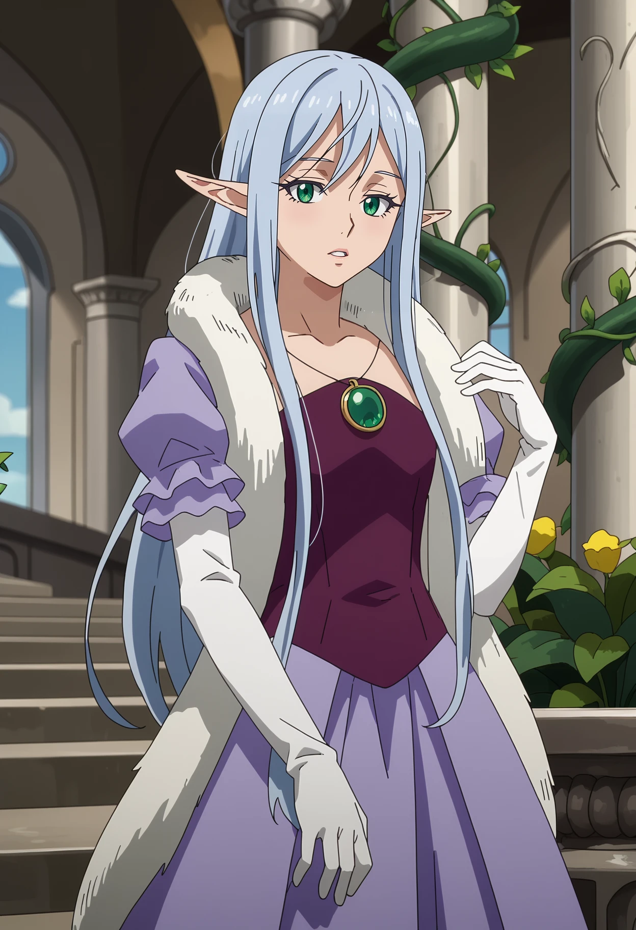 score_7_up, anime screencap,
<lora:TenSura_ElmesiaElRuSarionXL:0.9>, ElmesiaElRuSarion,
1girl, solo, parted lips,
long hair, blue hair, green eyes, pointy ears,
purple dress, fur boa, necklace, puffy short sleeves, elbow gloves, white gloves,
standing, looking at viewer, cowboy shot,
blurry background, indoors, arch, vines