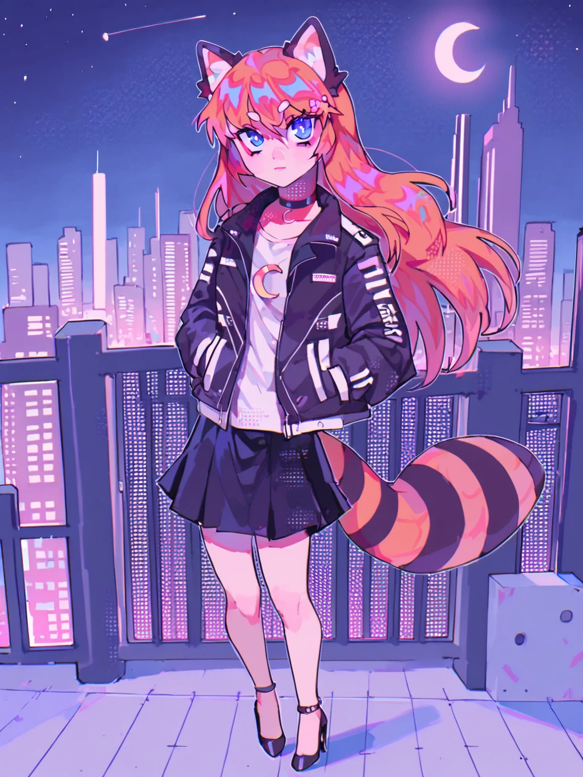 score_9, score_8_up, score_7_up,azriel \(artist\), meteorstaar \(artist\), gohanthesilliest \(artist\), @meteorstaar, @meostaar, @gohanthesilliest, 1girl, animal ears, blue eyes, building, choker, city, cityscape, crescent moon, fence, hands in pockets, high heels, jacket, long hair, moon, night, night sky, orange hair, raccoon tail, rooftop, skirt, sky, skyscraper, solo, star \(sky\), starry sky, tail,<lora:Azriel__meteorstaar__gohanthesilliest_PonyXL:1>