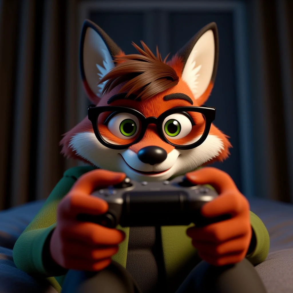 A fox with fluffy striped fur holding a game controller, he has thicked rimmed glasses, the curtains are drawn and it's dark inside, brown hair, green eyes, playing a video game, by bing3d<lora:bing3d-flux-run4-e2:1>