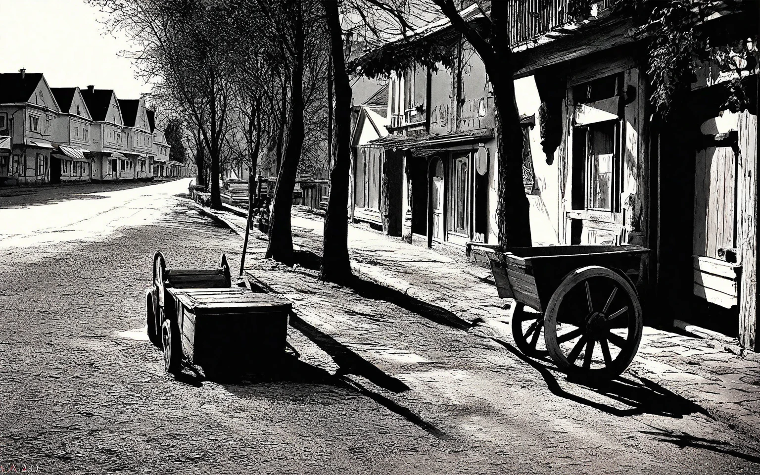 <lora:StreetPhotography_pony_v1:1> street photography, black and white,street photography \(genre\), photorealism \(style\), a horse carriaGE on an empty street, dilapidated houses, trees, score_9, score_6_up, score_7_up