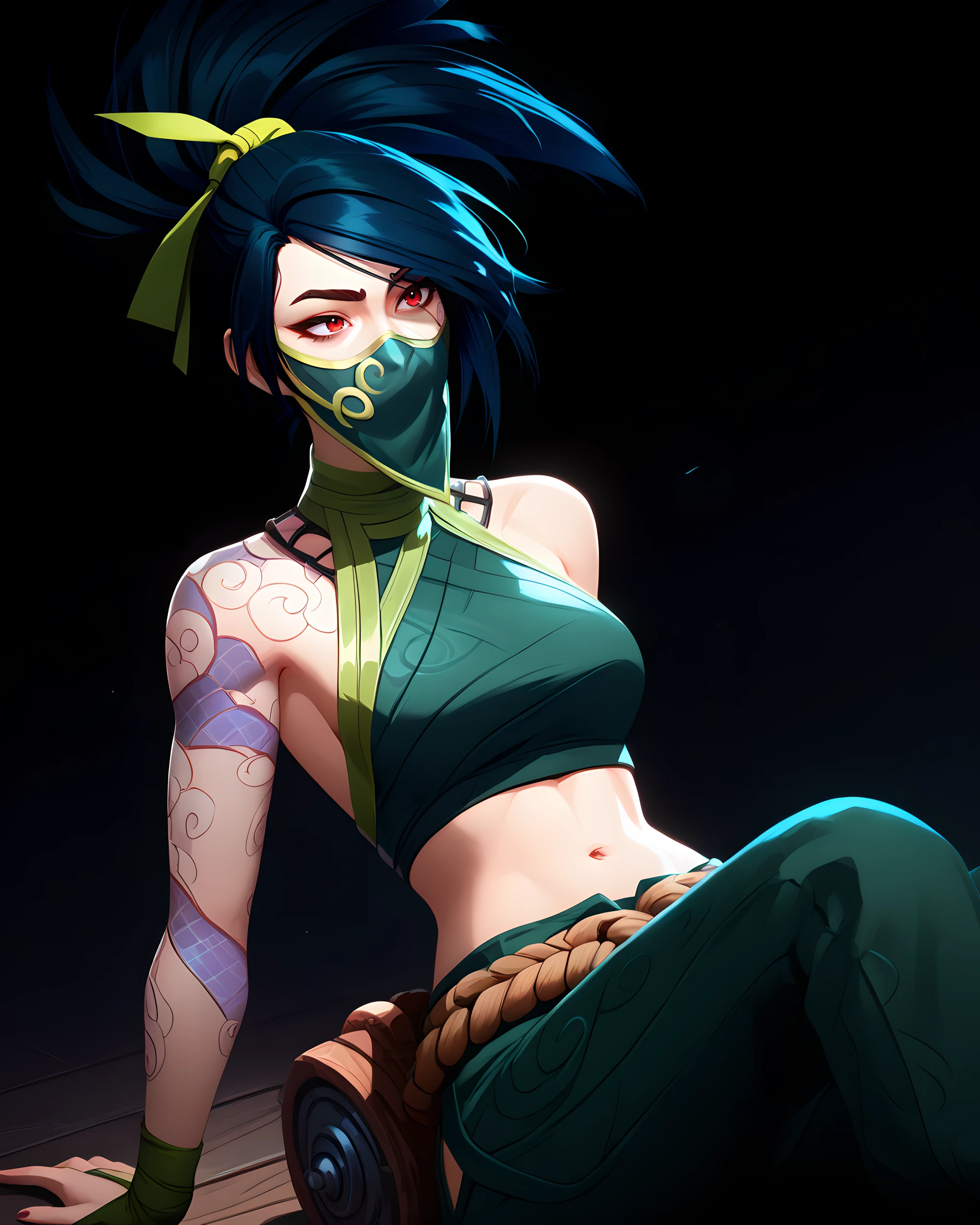 4kali, akali, 1girl, long hair, black hair, ponytail, red eyes, ribbon, hair ribbon, green ribbon, mask, mouth mask, ninja mask, tattoo, arm tattoo, shoulder tattoo, bare shoulders, crop top, midriff, navel, sleeveless, green shirt, rope, pants, green pants, score_9, score_8, score_7, source_anime, zPDXL, <lora:arcan3styl3v1PonySDXL:0.35>, arcan3styl3v1, <lora:4rc4n3XLP:0.51>, 4rc4n3, dynamic angle, ( sitting), black background, <lora:Akali_Default_Pony_v1:0.85>, dramatic light