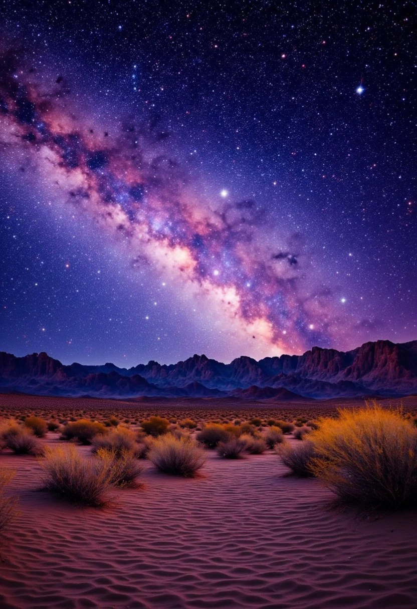 mlkwglx, Milky Way galaxy, stars, This is a high-resolution photograph capturing a breathtaking night sky over a desert landscape. The sky is dominated by a stunning display of the Milky Way, with its dense, swirling clouds of stars and dust. The colors range from deep purples, pinks, and oranges to the vivid blues and greens of the nebulae. The stars are numerous, small, and scattered across the sky, adding to the cosmic feel of the scene. Below the sky, the desert stretches out, with sandy dunes and sparse vegetation. The foreground features a mix of low-lying shrubs and grasses, their golden-brown hues contrasting with the dark sand. The dunes have a smooth, undulating texture, with ripples indicating wind patterns. In the background, rugged mountain ranges rise up, their silhouettes sharply defined against the night sky. The mountains are a mix of dark, shadowed areas and lighter, rocky peaks, with subtle variations in color indicating different rock types. The overall scene evokes a sense of vastness and isolation, with the stars and mountains forming a harmonious, yet contrasting, backdrop. The photograph is rich in detail and color, capturing the raw beauty and tranquility of a starry night in a remote desert.