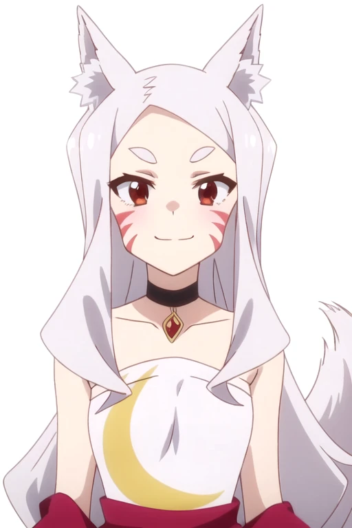 solo, 1girl, looking at viewer, 2D, anime, official style, anime coloring, anime screencap, upper body, (simple background, solid white background:1.3), <lora:shiro-senko:0.8>, shiro, choker, bare shoulders, collarbone, strapless dress, fox tail, smile, smug