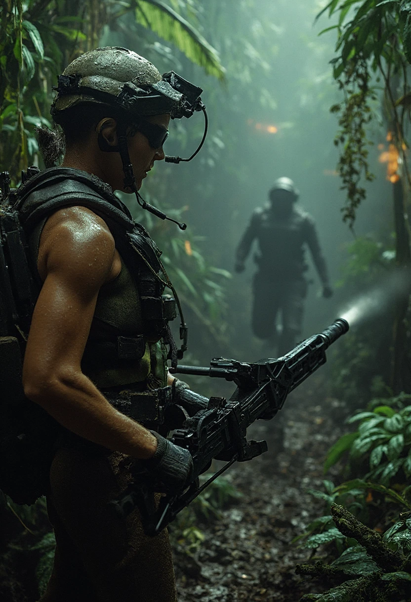 In the dense, humid confines of an alien jungle, a Colonial Marine cautiously navigates through the thick underbrush, the M56 Smartgun at the ready, depicted in stunning photorealistic detail. The scene captures the oppressive atmosphere of the jungle, with towering trees and tangled vines creating a claustrophobic environment where danger could lurk behind every leaf. The Smartgun, with its sleek, lethal design, contrasts sharply with the wild, untamed surroundings. The Marine's helmet is equipped with a heads-up display that shows the weapon's targeting system overlaying the dimly lit jungle ahead. Sweat glistens on the Marine’s face, and her muscles are tense, every sense alert for the slightest movement. The photorealism highlights the textures of the jungle—the dampness of the leaves, the mud underfoot, and the faint mist hanging in the air. Suddenly, the jungle comes alive with movement, and the Marine swings the Smartgun around, its targeting system locking onto a shadowy figure moving rapidly through the trees. The tension in the air is palpable, as the Marine prepares to unleash the Smartgun's overwhelming firepower in an instant