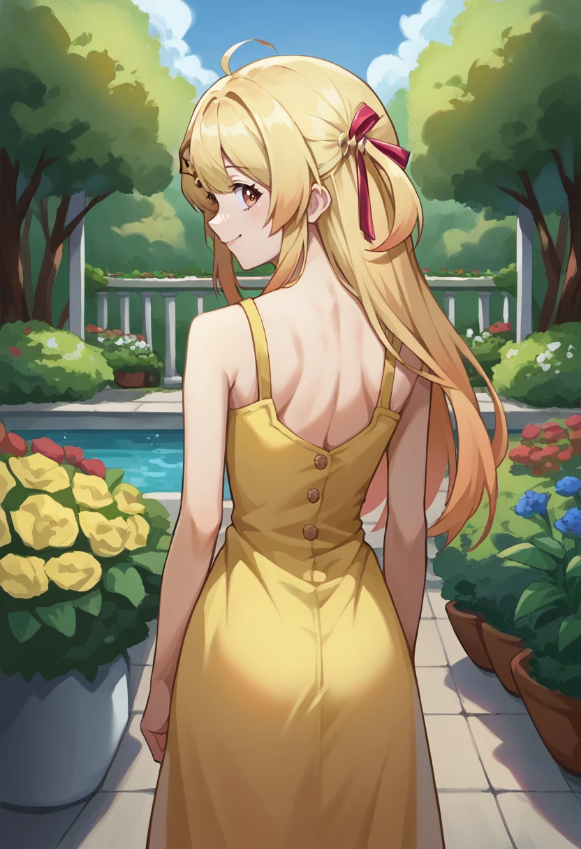 score_9, score_8_up, source_anime, 1girl, solo, OtonoseKanade, long hair, one side up, hair ribbon, musical note hair ornament, from behind, yellow sundress, garden, day, sunshine, smile, looking back, <lora:ChamOtonoseKanadePonyXL:1>