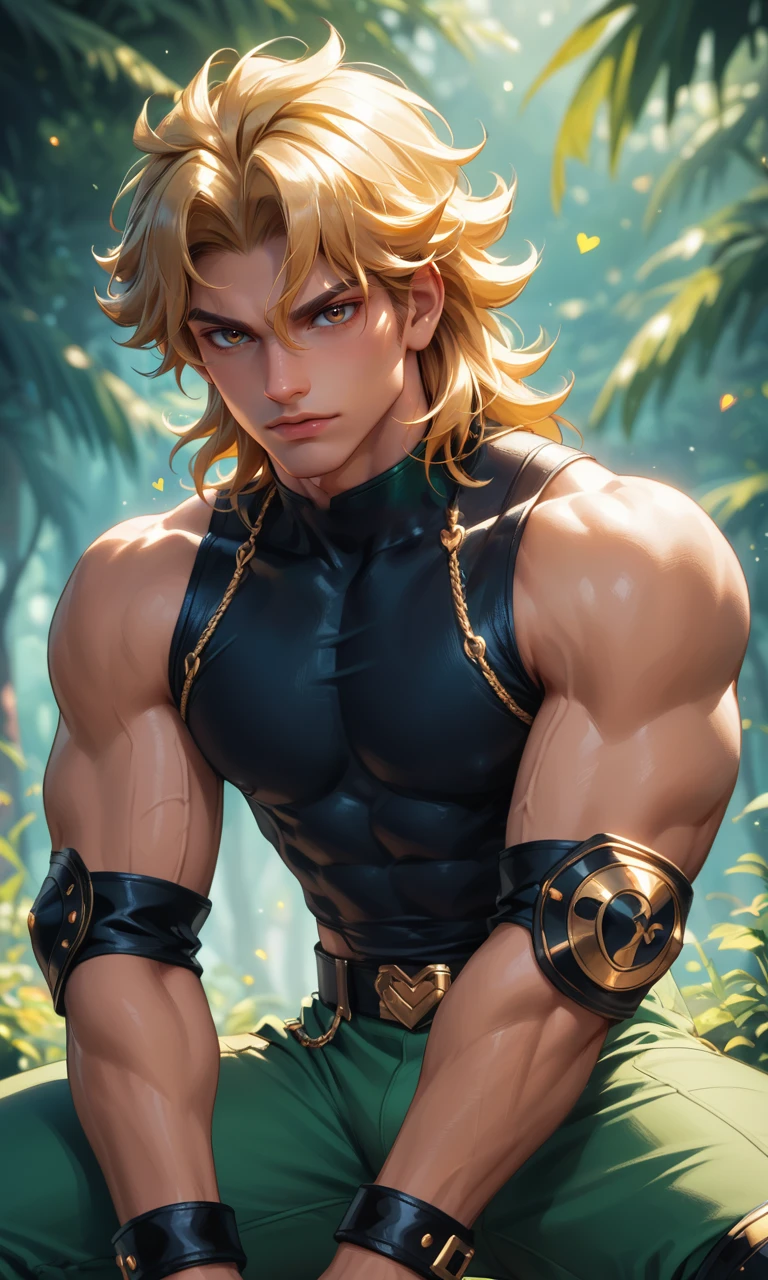 4n1v3rs3, score_9, score_8_up, score_7_up, (Dio Brando), upper body shot, shoulder-length blonde hair, muscular body, green pants, black shiny cuffs on both wrists and two heart-shaped knee pads, (Piramids background), (depth of field), (fine textures details)