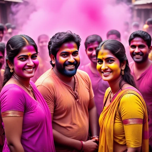 A diverse group of people wearing traditional cloth, smokey background, Holi_Style, Multicolor Smoke, Multicolor Paint, Multicolor Powder