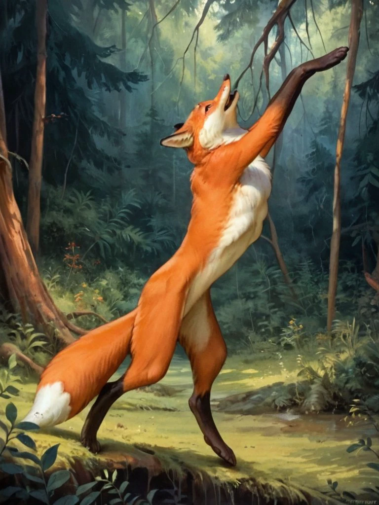 Score_9, score_8_up, scenery, bipedal fox lisichka, jumping lisichka_C, furry fox <lora:Lisichka:0.9>, wild forest, by Greg Rutkowski, highly detailed, masterpiece, extreme detailed, hyperrealistic, masterpiece,