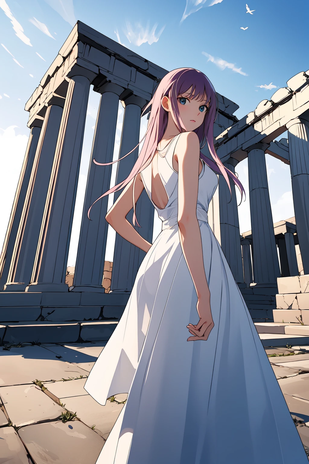 (RAW photo, best quality), 1girl,  natural lighting 
<lora:saint_seiya_saori_kido_v1_2:1> ss_saori, long sleeveless dress, outdoor, greek temple , windy, cowboy shot, mature,