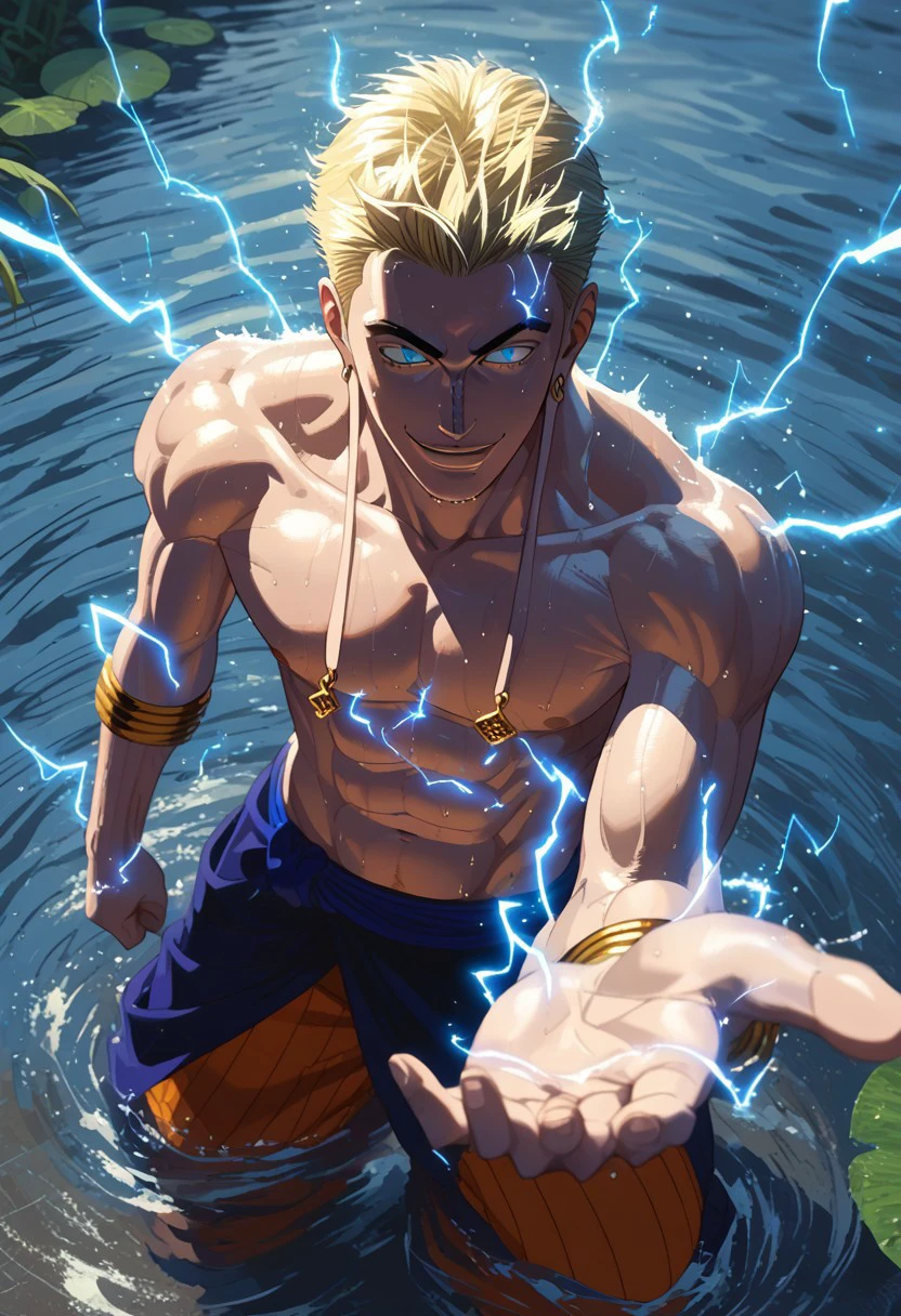 score_9, score_8_up, score_7_up, source_anime, rating_explicit, water, EnelOP, (long Enel earlobes), very short blonde Enel hair, blue glowing eyes, gold Enel earrings, 1boy, male focus, evil smile, topless, collarbone, electricity, blue lightning, reaching out, spread arms, from above, finely detailed face, hands with five fingers, outdoors, on water, droplets,