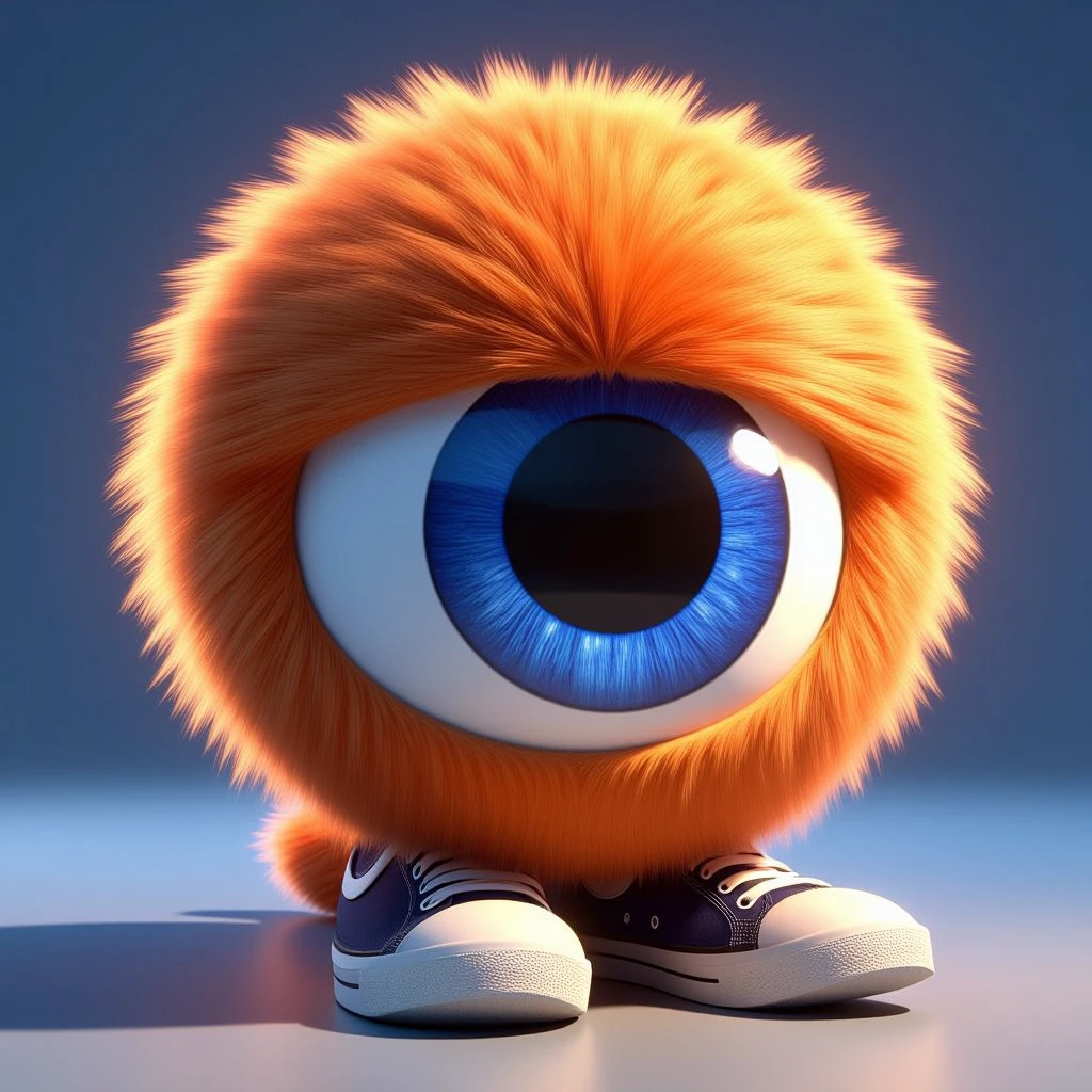 a sphere of fur with sneakers has big blue googly eyes, backlighting, disney style 3D, by bing3d <lora:bing3d-flux-run5-e1:1>