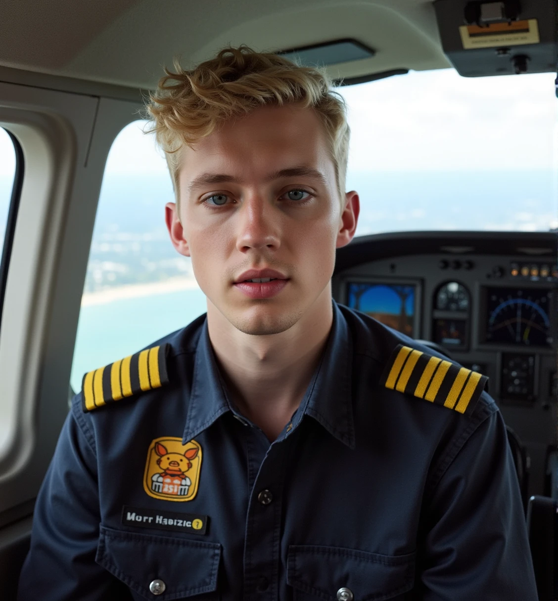 photograph of Troye Sivan blond flying an airplane in the cockpit looking at the camera <lora:Troye_Sivan_LoRA:1>