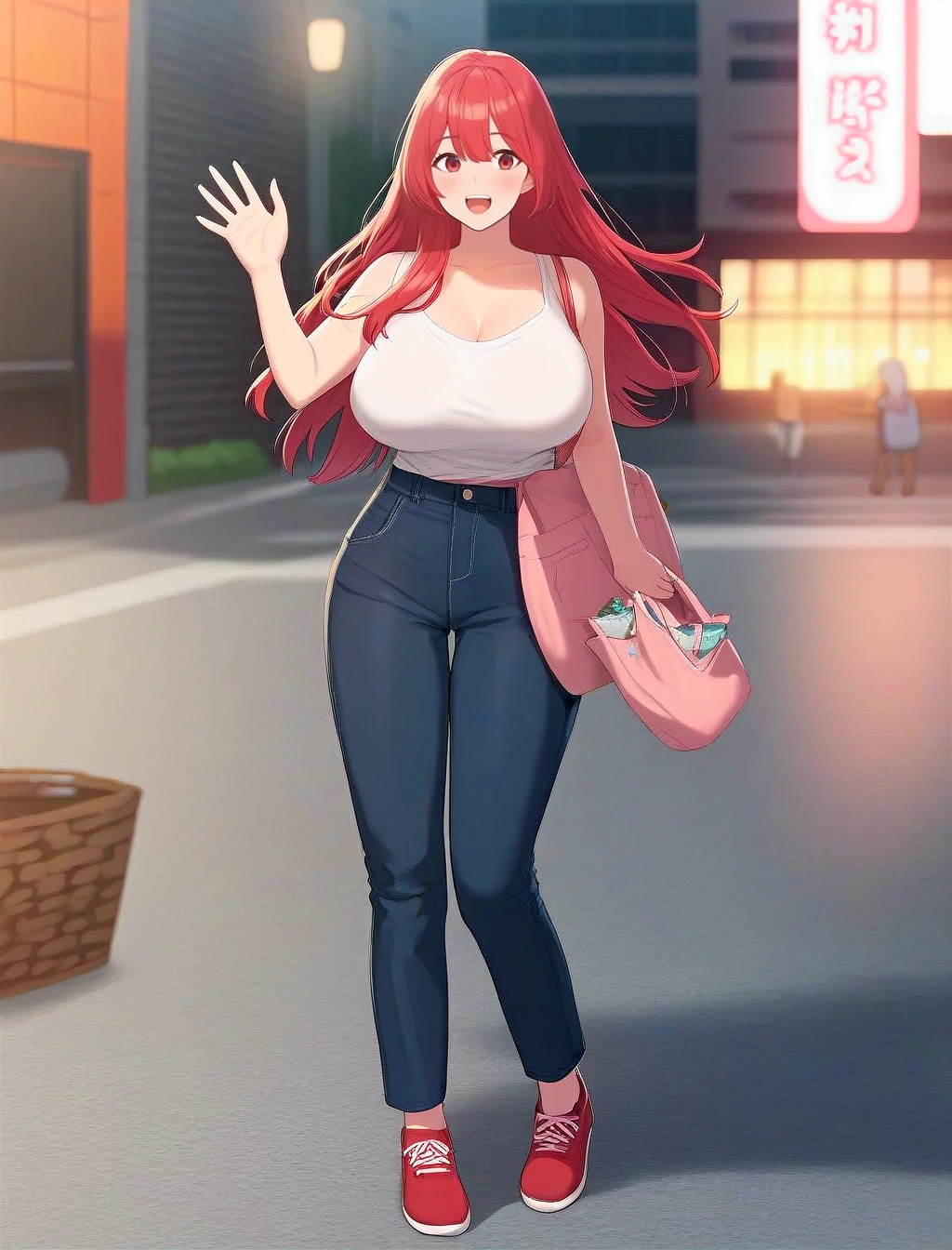 front view detailed body, long belly , Slender body, tight body , thicc, large breast, breast, long thighs, masterpiece, long hair, very long hair, ninonakano, nino nakano, long hair, bangs, blue eyes, hair ornament, hair ribbon, pink hair, blunt bangs, two side up, butterfly hair ornament,hair_between_eyes, very_long_hair, cowboy shot, front shot, looking at viewer, Shirt, white shirt, crop top, navel, stockings, Denim, short denim, collarbone, cleavage, armpit, bag, holding, night, outdoors, full body, Beautiful Finger,Beautiful long legs,Beautiful body,Beautiful Nose,Beautiful character design, perfect eyes, perfect face,expressive eyes, looking at viewer,(Full_body),(Focus on her face), official art,extremely detailed CG unity 8k wallpaper, perfect lighting,Colorful, Bright_Front_face_Lighting,shiny skin, (masterpiece:1.0),(best_quality:1.0), ultra high res,4K,ultra-detailed, photography, 8K, HDR, highres, absurdres:1.2, Kodak portra 400, film grain, blurry background, bokeh:1.2, lens flare, (vibrant_color:1.2) (Beautiful,large_Breasts:1.4), (beautiful_face:1.5),(narrow_waist), facing the viewer