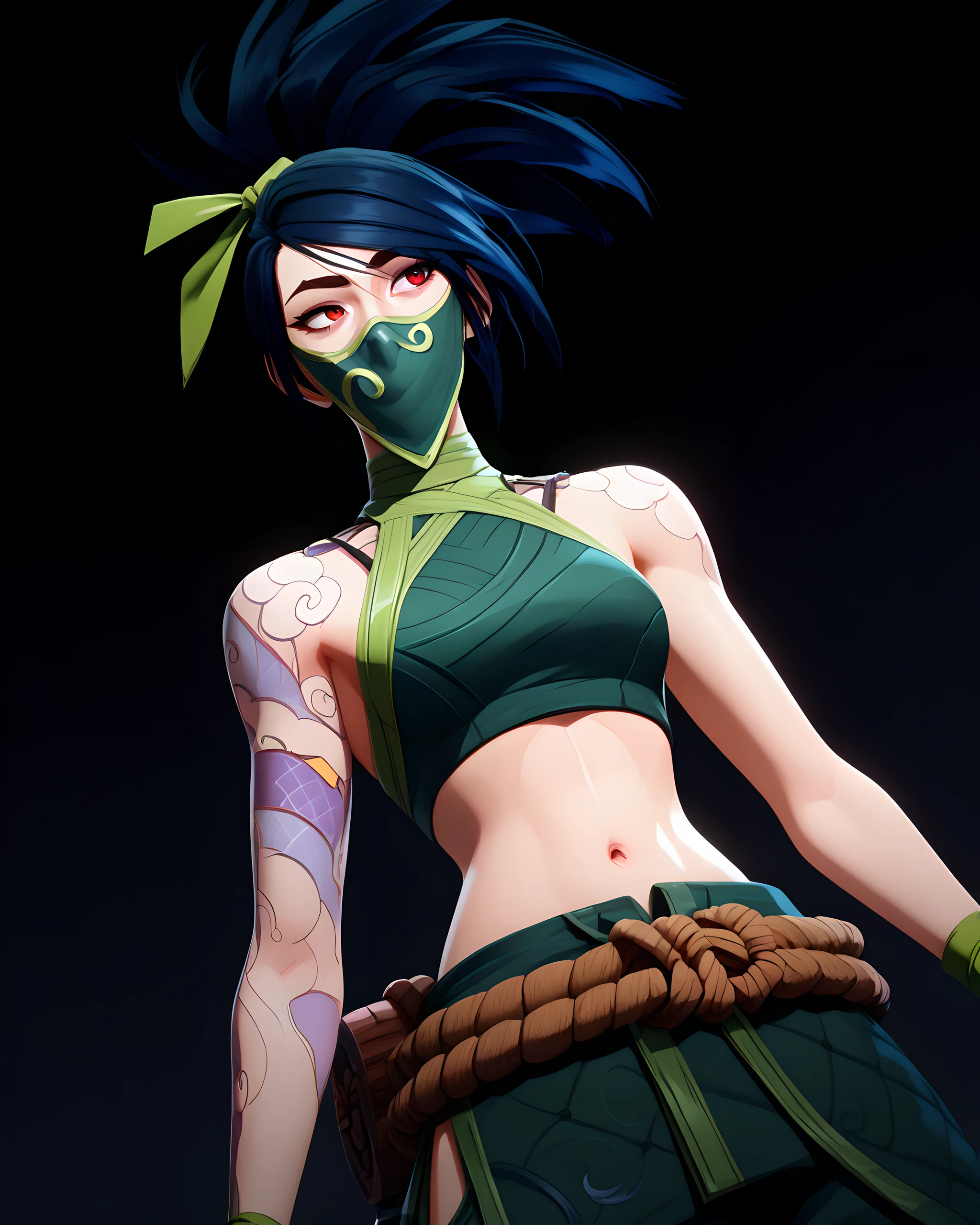 4kali, akali, 1girl, long hair, black hair, ponytail, red eyes, ribbon, hair ribbon, green ribbon, mask, mouth mask, ninja mask, tattoo, arm tattoo, shoulder tattoo, bare shoulders, crop top, midriff, navel, sleeveless, green shirt, rope, pants, green pants, score_9, score_8, score_7, source_anime, zPDXL, <lora:arcan3styl3v1PonySDXL:0.35>, arcan3styl3v1, <lora:4rc4n3XLP:0.51>, 4rc4n3, dynamic angle, ( sitting), black background, <lora:Akali_Default_Pony_v1:0.85>, dramatic light