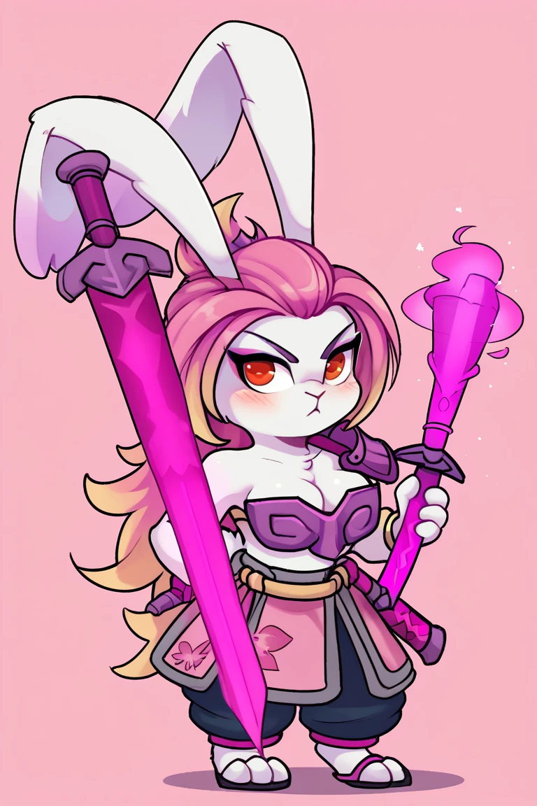 score_9, score_8_up, score_7_up, GunFireTao, , 1:1, alpha channel, anthro, armor, blush, breasts, carrying over shoulder, cleavage, clothed, clothing, female, floppy ears, fur, gunfire reborn, hair, hi res, holding melee weapon, holding object, holding sword, holding weapon, lagomorph, leporid, levitation, magic, mammal, melee weapon, midriff, pink hair, rabbit, red eyes, short stack, simple background, solo, standing, sword, tao (gunfire reborn), telekinesis, turkojar, warrior, weapon, white body, white fur