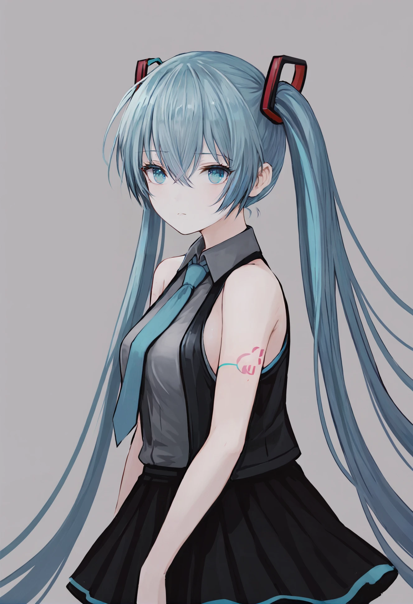 masterpiece, best quality,1girl, solo, hatsune miku, detached sleeves, twintails, long hair, necktie, looking at viewer, shirt, aqua eyes, aqua hair, grey shirt, skirt, sleeveless, hair between eyes, sleeveless shirt, tattoo, blush, aqua necktie, hair ornament, closed mouth, bare shoulders, collared shirt, very long hair ,
 <lora:å±±é¬¼äºè°£XLlokr4f-000189:0.95>