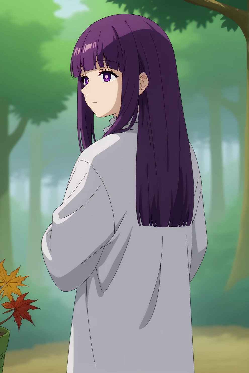 score_9, score_8_up, score_7_up, score_6_up, score_5_up, score_4_up, source_anime,anime screencap,anime coloring BREAK fern,mature,1girl,solo,bangs,long purple hair, purple eyes,blunt bangs, nature, outdoors, autumn trees,forest,leafs, expressionless, bright pupils, white pupils, looking behind,consistent background <lora:Fern - PDXL.safetensors:0.8>