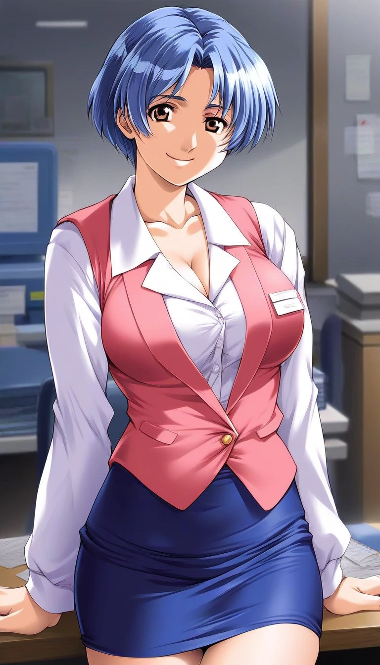 score_9, score_8_up, score_7_up, source_anime, rating_explicit, BREAK  <lora:Shiraishi_Momoko_XL:1> ShiraishiMomoko, blue hair, short hair, large breasts, brown eyes, solo,
skirt,  office lady, smile, vest, shirt, pencil skirt, long sleeves
smile,
looking at viewer, 
cowboyShot,