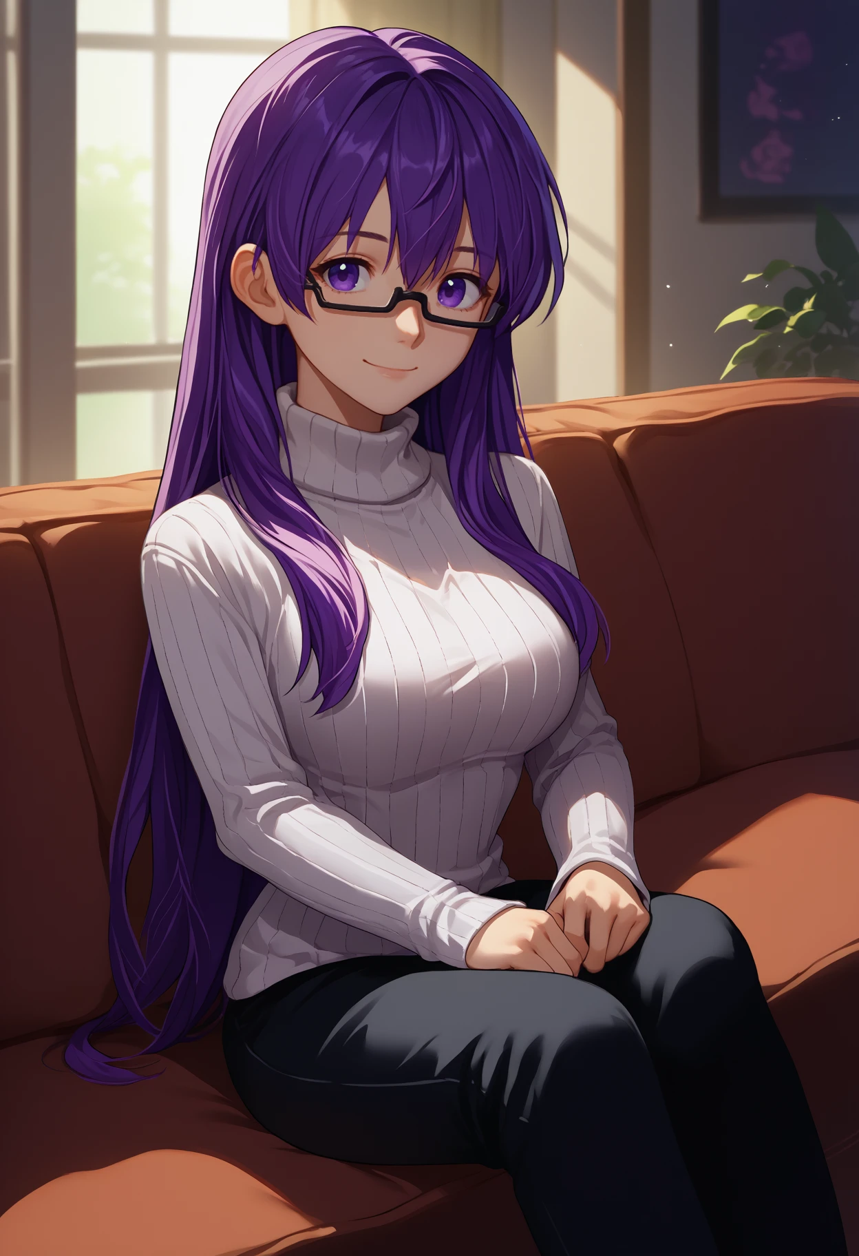 score_9, score_8_up, score_7_up, source_anime, solo, 1girl, agksheele, smile, looking at you, sitting, couch, purple hair, purple eyes, glasses, white sweater, ribbed sweater, turtleneck, black pants, indoors
<segment:yolo-face_yolov8m.pt,0.4,0.5//cid=1>