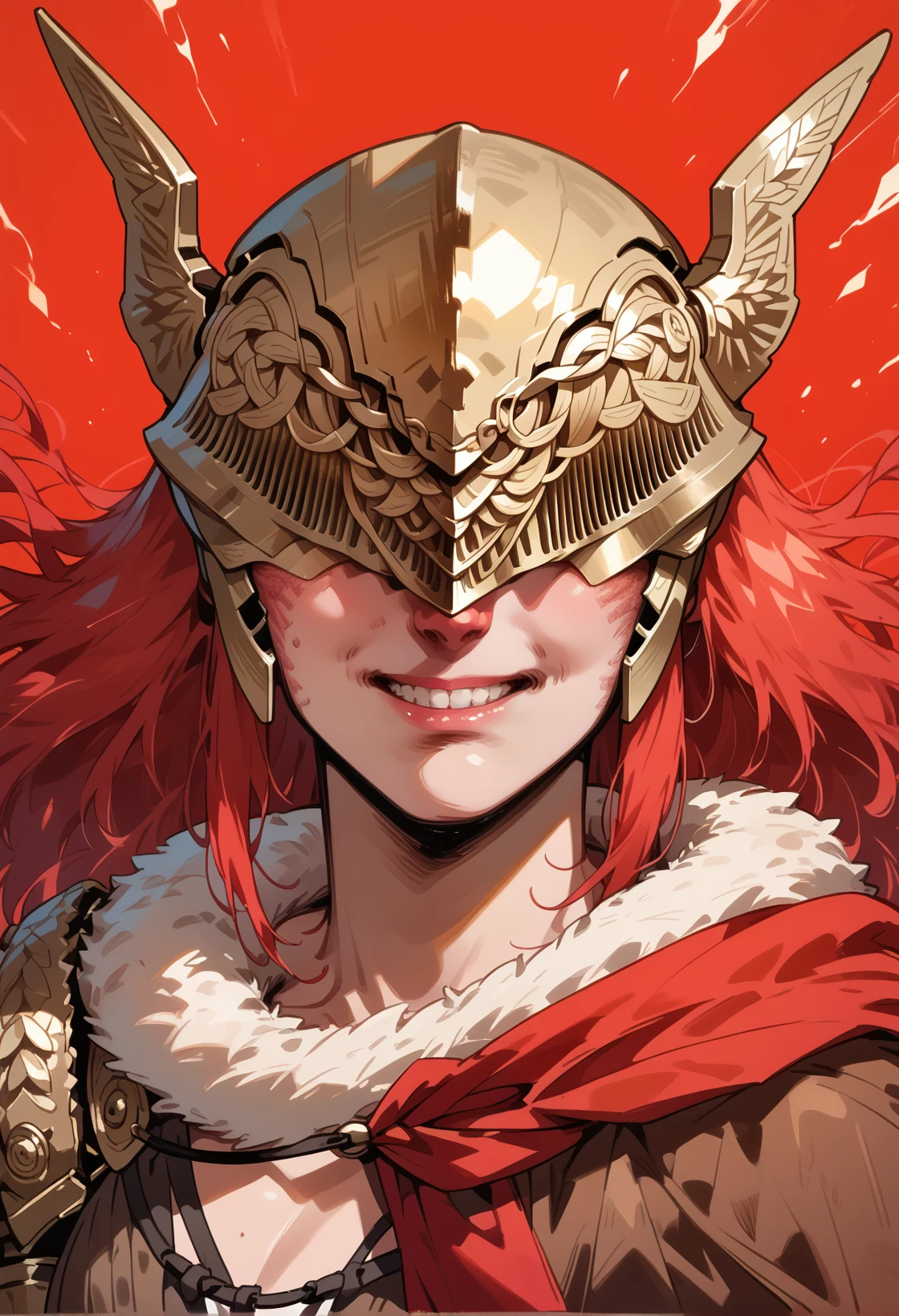 <lora:agniface-000011:0.9>, agniface, looking at viewer, teeth, 1girl, <lora:Malenia_pdxl_Incrs_v2:1> MaleniaDef red hair covered eyes helmet fur trim brown dress red cape armor single mechanical arm,, score_9, score_8_up, score_7_up, score_6_up