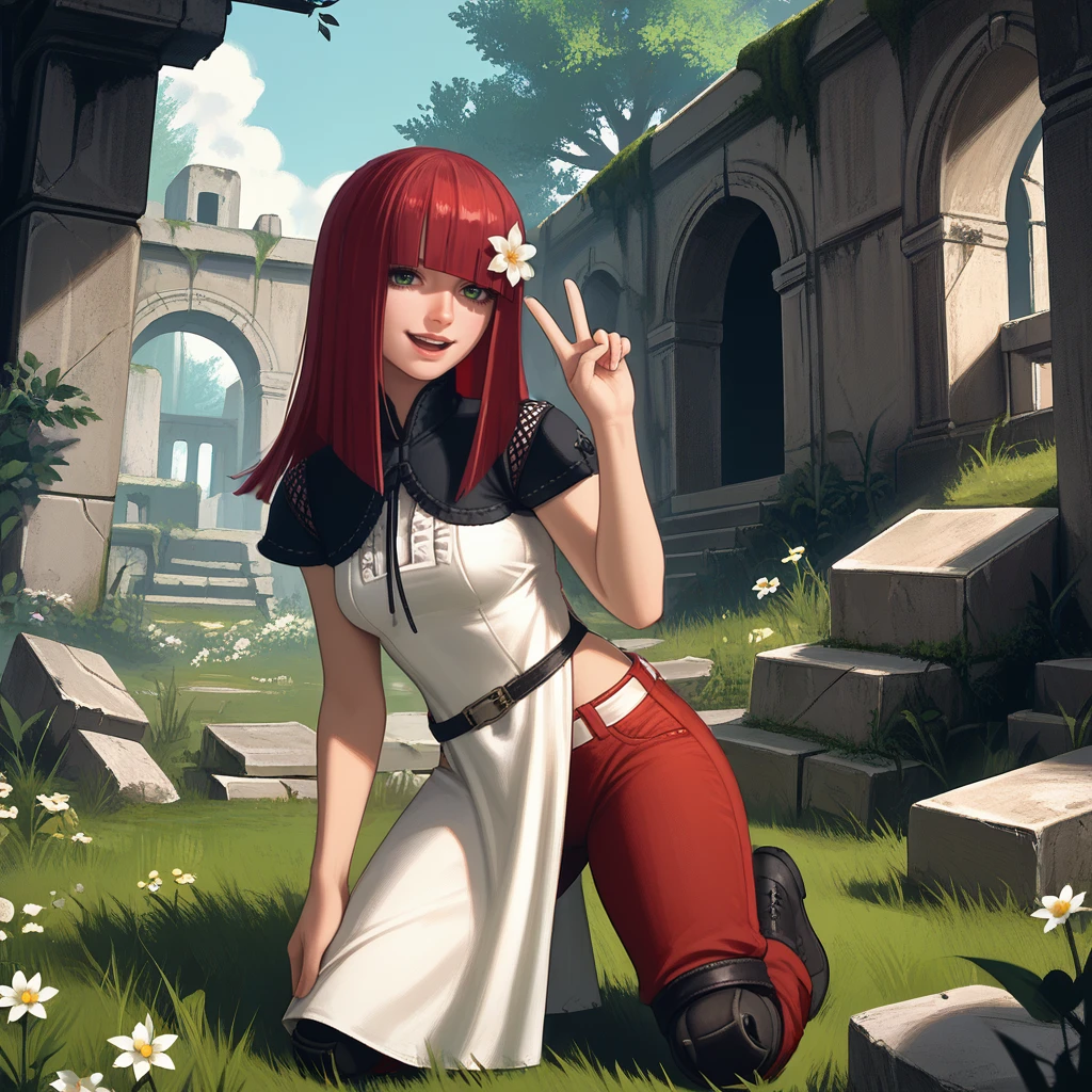 <lora:d&p:1>,1girl,solo,"popola,hime cut",red hair,green eyes,hair flower,white flower,black capelet,fishnet cutout,short sleeves,grey dress,red pants,white belt,black belt,scrunchie,knee pads,lace-up boots,
outdoors, on grass, forest, ruins, day, 
cowboy shot,kneeling,hand up,v,hand on own leg,looking at viewer,happy,open mouth,closed mouth,head tilt,smile,, score_9, score_8_up, score_7_up, perfect anatomy, source_anime, zPDXL2,