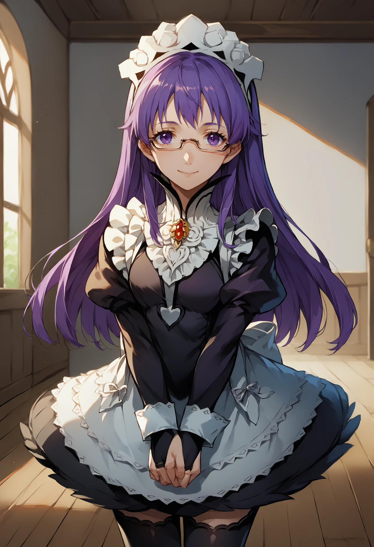 score_9, score_7_up, source_anime, solo, 1girl, agksheele, smile, looking at you, v arms, purple hair, purple eyes, glasses, fates maid, maid headdress, maid apron, bridal gauntlets, black thighhighs, indoors
<segment:yolo-face_yolov8m.pt,0.4,0.5//cid=1>