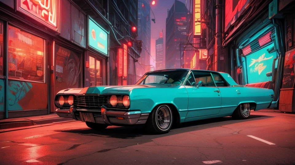 photo of cyberpunk ((retro lowrider car) <lora:lowrider:0.4>,:1.1), at the parking lot, at night city,manhattan city background, beautiful sunset, the buildings are covered in (futuristic graffiti:1), many buildings have neon signs, in the style of Moebius <lora:Moebius (Jean Giraud) Style:1>