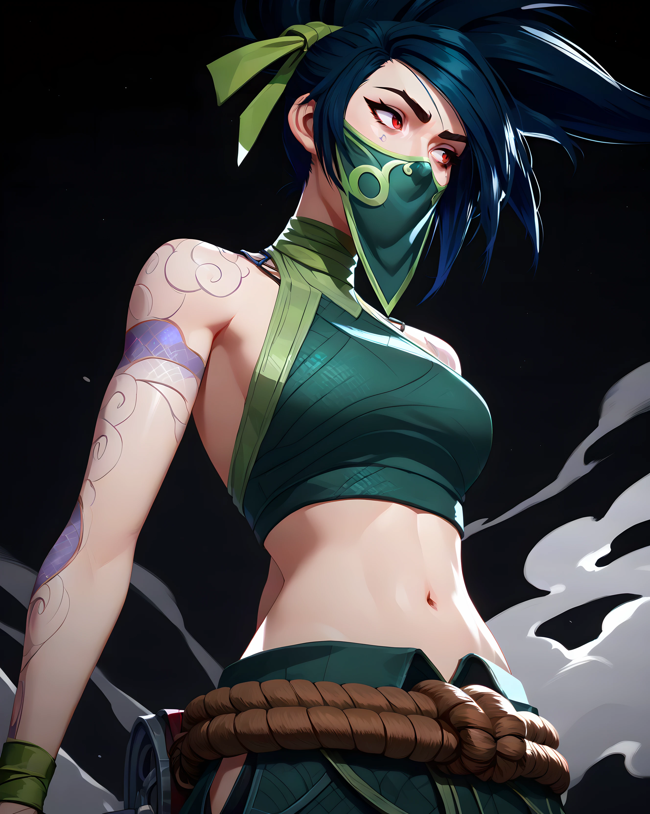 4kali, akali, 1girl, long hair, black hair, ponytail, red eyes, ribbon, hair ribbon, green ribbon, mask, mouth mask, ninja mask, tattoo, arm tattoo, shoulder tattoo, bare shoulders, crop top, midriff, navel, sleeveless, green shirt, rope, pants, green pants, score_9, score_8, score_7, source_anime, zPDXL, <lora:arcan3styl3v1PonySDXL:0.35>, arcan3styl3v1, <lora:4rc4n3XLP:0.51>, 4rc4n3, dynamic angle, ( looking away), black background, <lora:Akali_Default_Pony_v1:0.85>, dramatic light