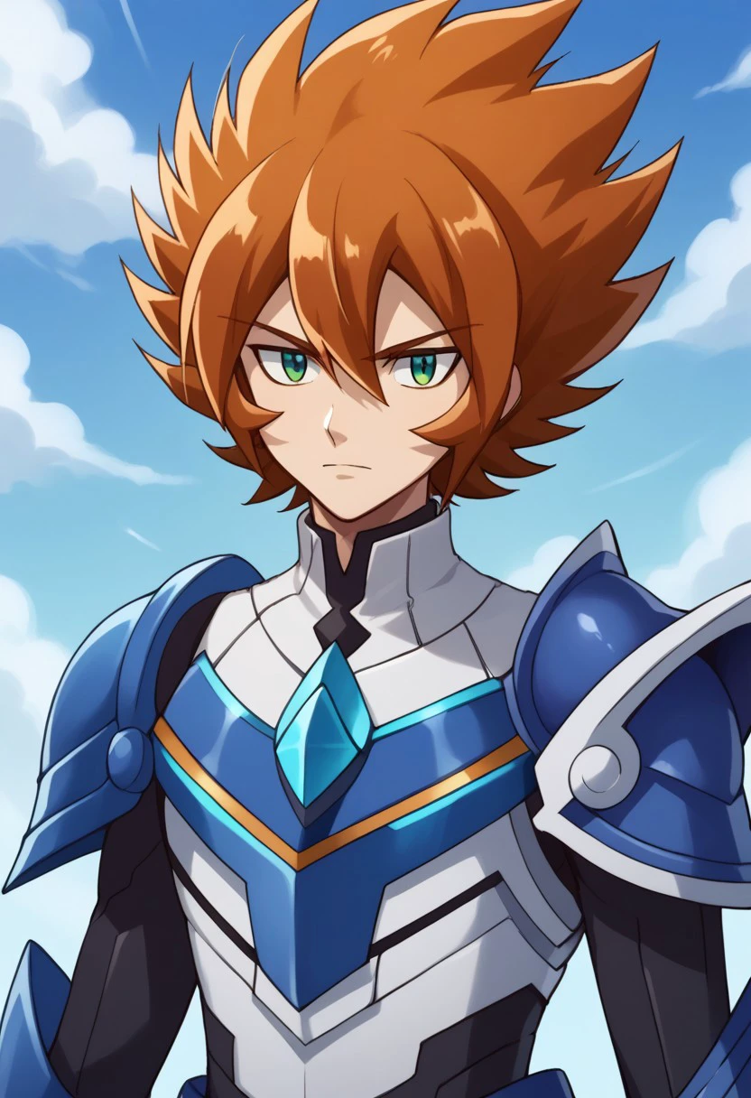 score_9, score_8_up, score_7_up, source_anime, highly detailed, 
shiren, solo, 1boy, male focus, green eyes, orange hair, looking at viewer, upper body, 
gaist blue armor,