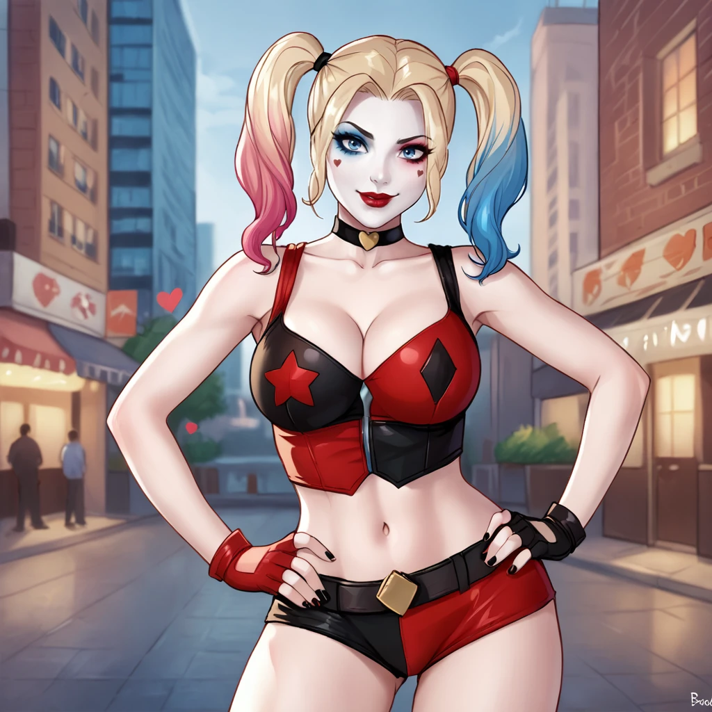 <lora:harleyquinnrebirth_pony_v1:.8>harleyquinnrebirth, 1girl, solo,  large breasts, fingerless gloves, twintails, multicolored hair, blue eyes, cleavage, makeup, belt, navel, blonde hair, blue hair, pink hair, black gloves, choker, midriff, lipstick, red lips, multicolored clothes, heart,  eyeshadow, shorts, crop top, pale skin, gradient hair, collarbone, hands on hips