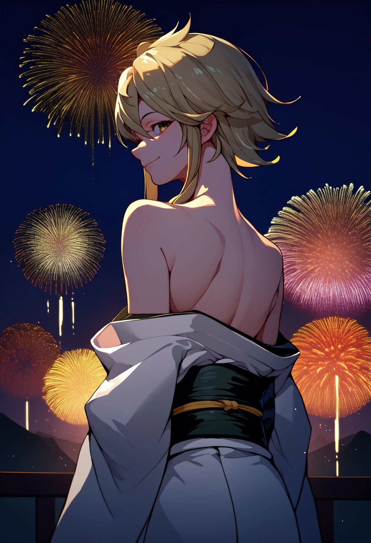 score_9, score_8_up, score_7_up, source_anime, from behind, solo, 1girl, agkleone, smile, looking back, short hair with long locks, japanese clothes, white kimono, off shoulder, black sash, bare shoulders, fireworks
<segment:yolo-face_yolov8m.pt,0.35,0.5//cid=1>