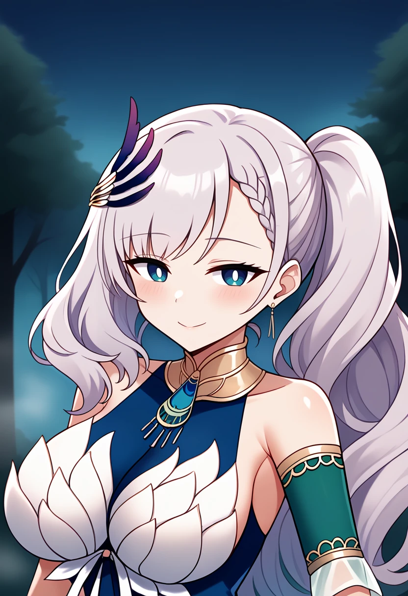 1girl, pavolia reine, pavolia reine, pavolia reine \(1st costume\), hololive indonesia,
long hair, silver hair, blue eyes, wavy hair, side ponytail, blue dress, large breasts, seductive smile,
night, fog, forest, upper body,
score_9, score_8_up, score_7_up,
<lora:reine-pony:1>