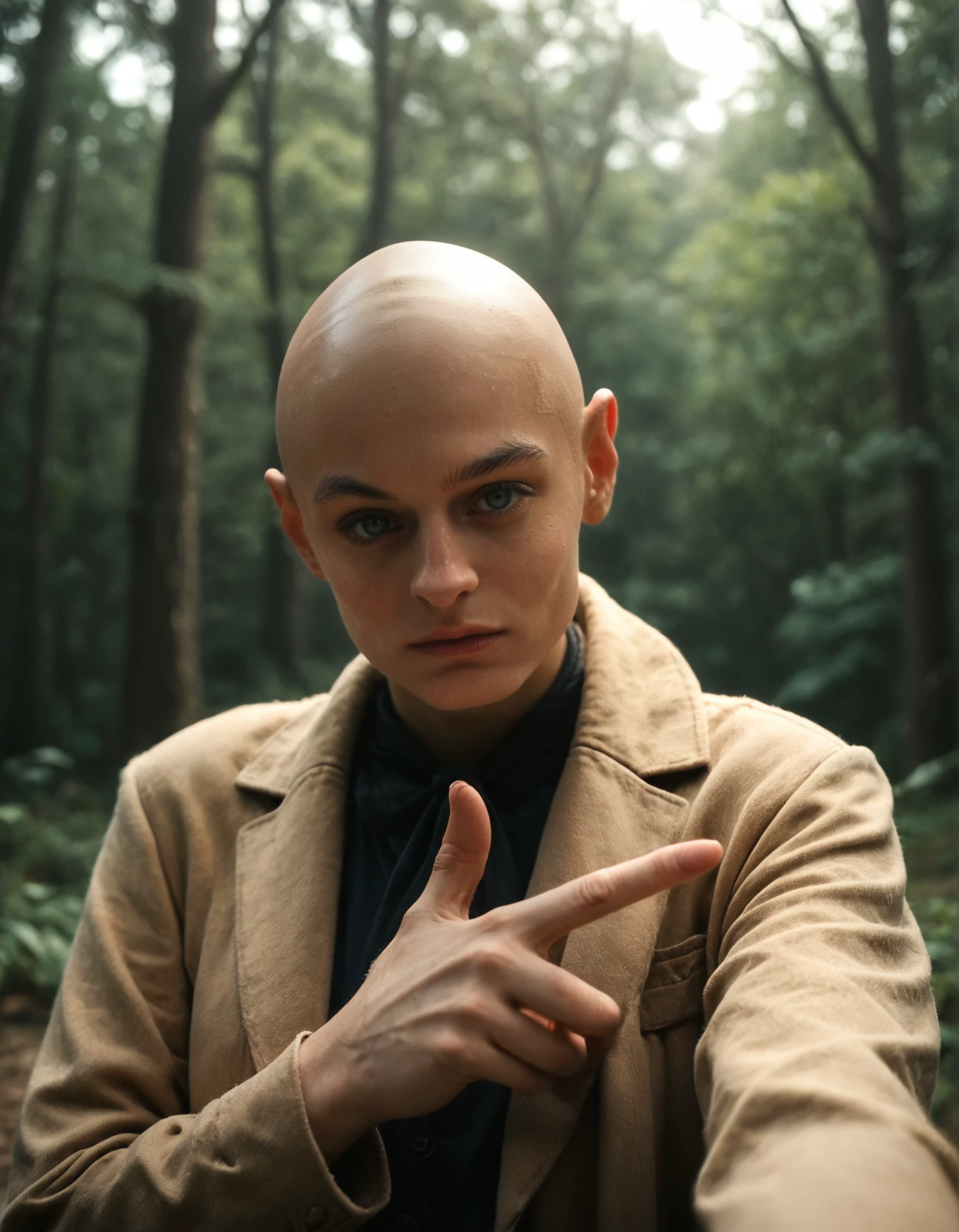 score_9, score_8_up, score_7_up,score_6_up,high resolution,photo,realistic,emcr,1girl,bald,brown coat,pointing hands,forest,from below,looking down,reaching towards viewer,upper body,pov,looking at viewer,volumetric lighting,rim lighting,dof,dramatic shadow,dimly lit,dark,gloomy