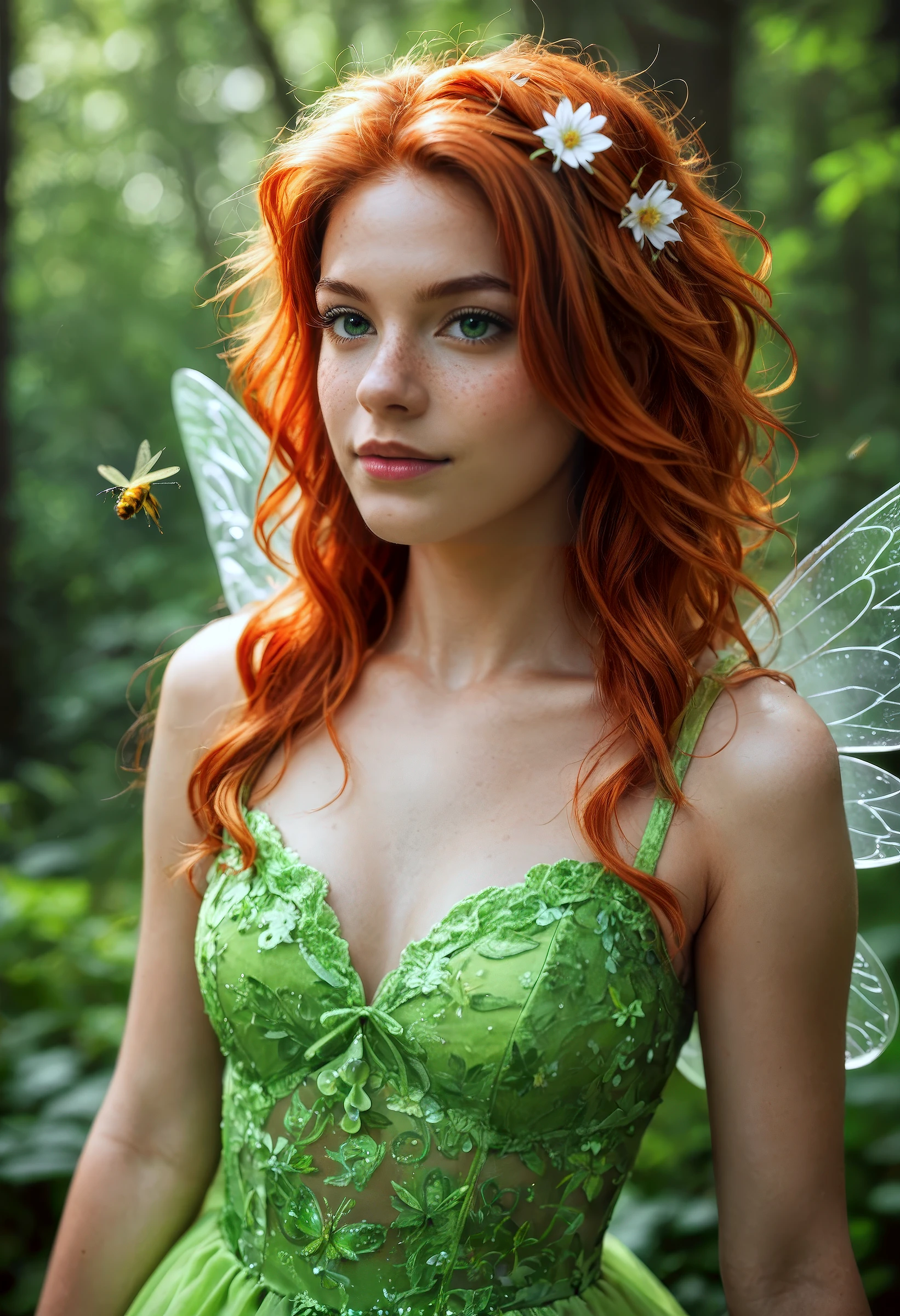 score_9, score_8_up, score_7_up, realistic lighting, photo, photorealistic
very aesthetic, best quality, absurdres, (rating_safe), detailed face and eyes, fairy with wings, ginger hair, messy hair, dress, fireflies, forest, green eyes, (freckles:0.8)