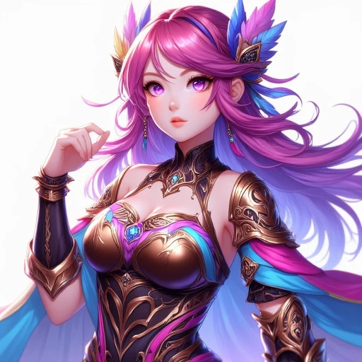 inkpunkanime, 1woman, solo, long hair, looking at viewer, armor, feathers, jewelry, purple eyes, gauntlets, upper body, earrings