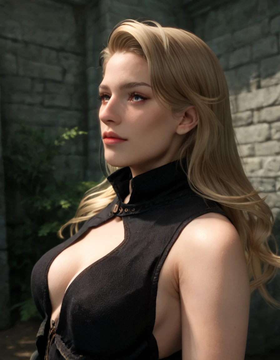 score_9, score_8_up, score_7_up, score_6_up, score_5_up, score_4_up,  upper body, elenwen, altmer, long hair, blonde hair, medium breasts, black coat, high collar, sleeveless, indoor, realistic