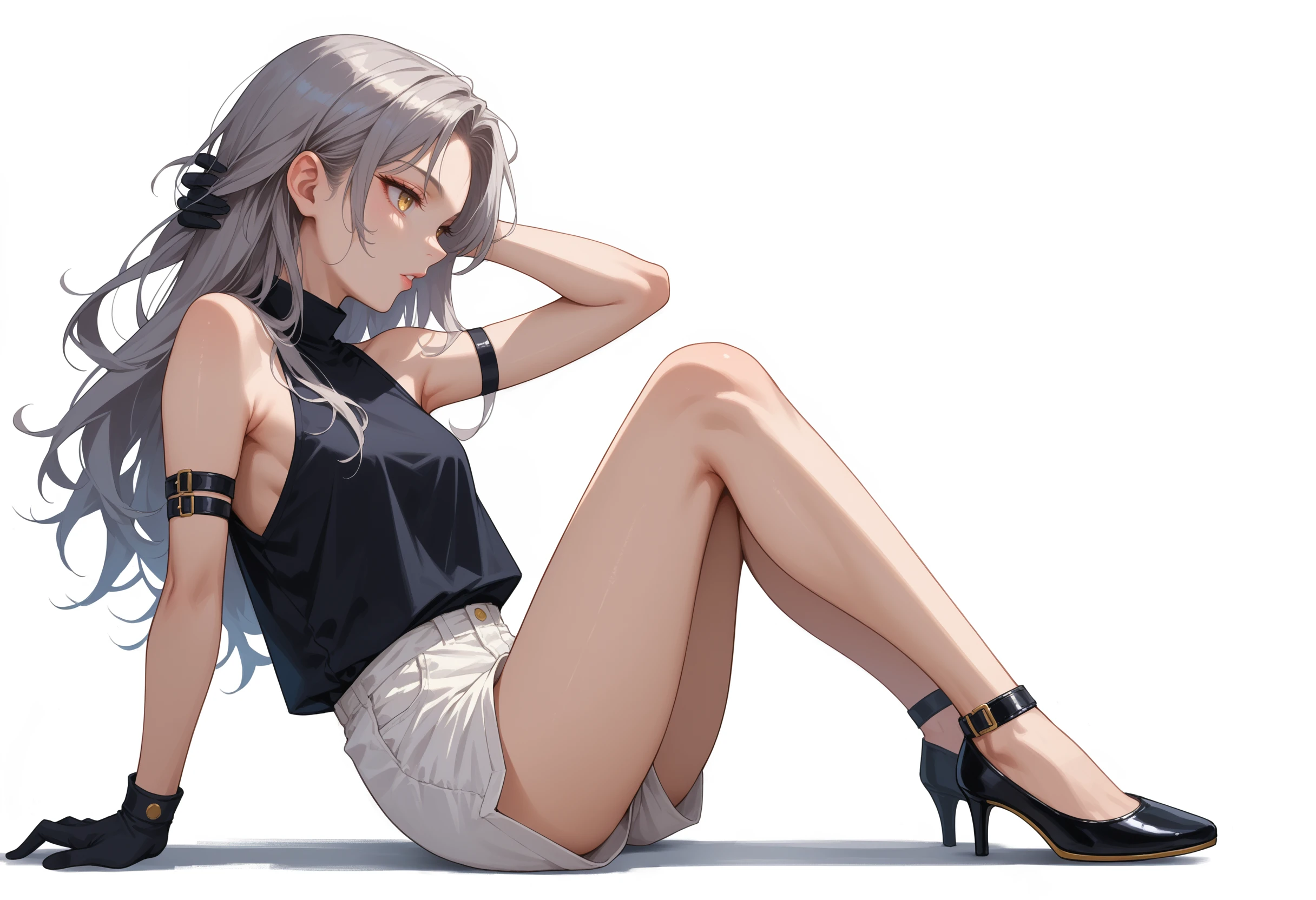 score_9, score_8_up, score_7_up, source_anime,
female, ankle strap, arm strap, arm support, bare shoulders, black footwear, black gloves, black pantyhose, black shirt, from side, grey hair, knee up, leg up, long hair, (looking at viewer:1.1), outstretched leg, parted lips, plantar flexion, profile, shorts, simple background, sitting, sleeveless shirt, solo, stiletto heels, thighs, white background, white shorts, yellow eyes, looking sideways, hands behind head,